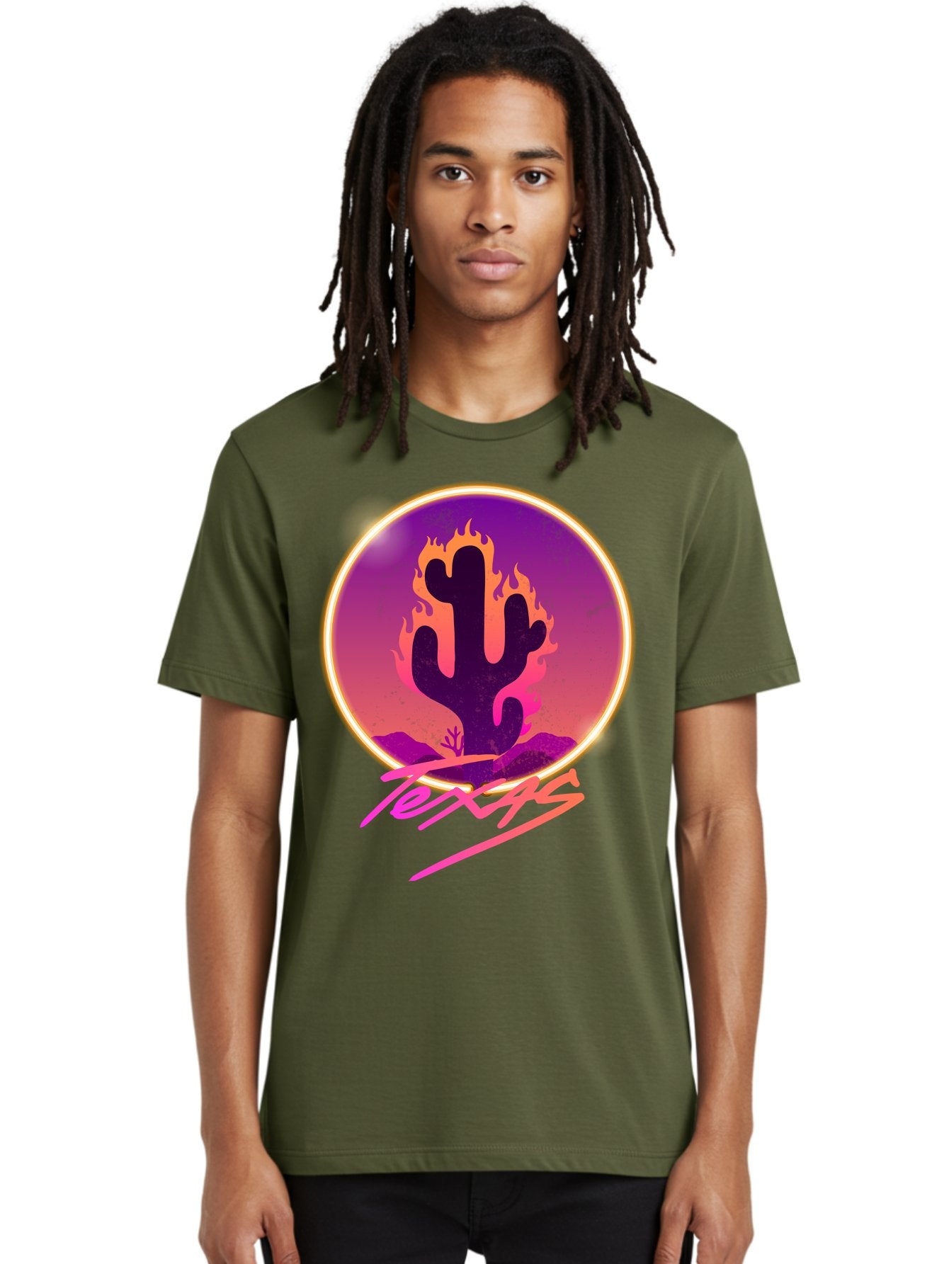 Texas Men'S Graphic Tee, 100% Cotton, Comfortable Casual Summer Wear, Machine Washable, Cactus On Fire, Fiery Desert Landscape, Purple And Orange Gradient, Glowing Effect, Neon Light, Landscape Design, Western Theme, Desert Scenery Aae688 24