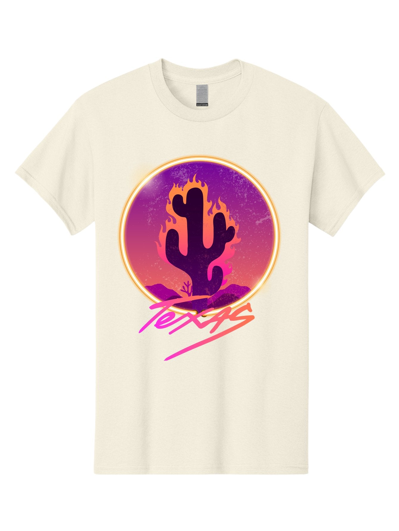 Texas Men'S Graphic Tee, 100% Cotton, Comfortable Casual Summer Wear, Machine Washable, Cactus On Fire, Fiery Desert Landscape, Purple And Orange Gradient, Glowing Effect, Neon Light, Landscape Design, Western Theme, Desert Scenery Aae688 9