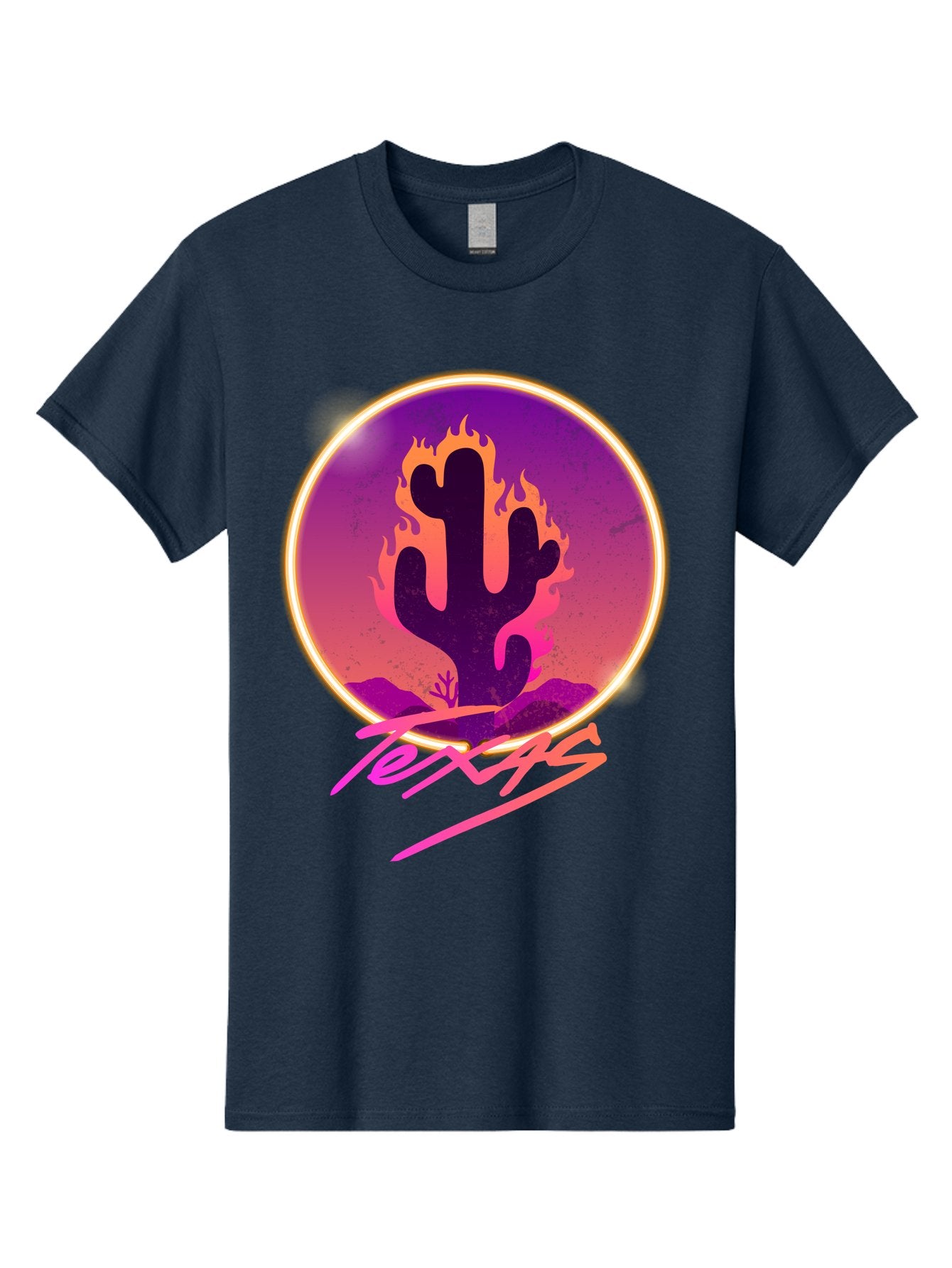 Texas Men'S Graphic Tee, 100% Cotton, Comfortable Casual Summer Wear, Machine Washable, Cactus On Fire, Fiery Desert Landscape, Purple And Orange Gradient, Glowing Effect, Neon Light, Landscape Design, Western Theme, Desert Scenery Aae688 4