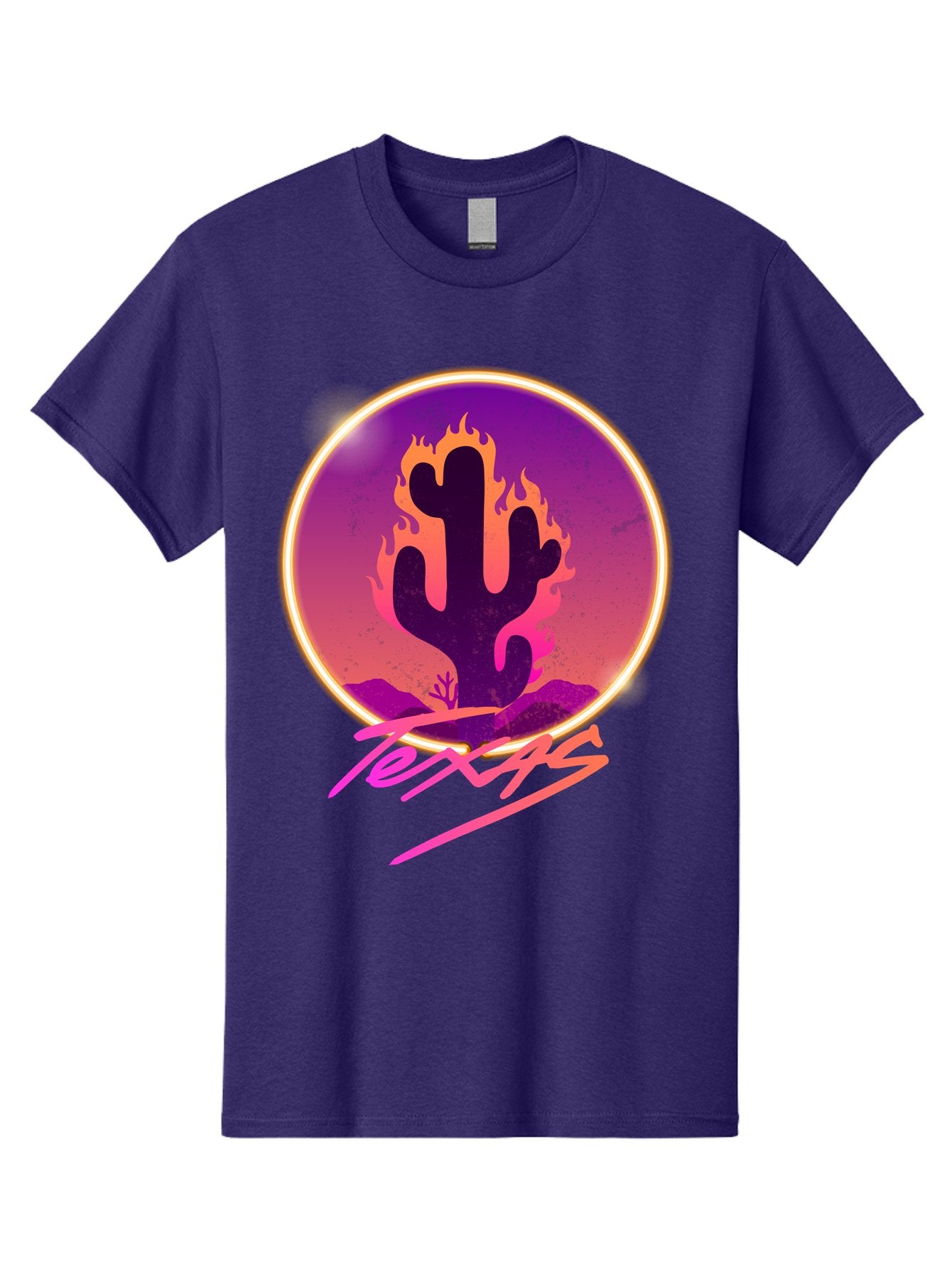 Texas Men'S Graphic Tee, 100% Cotton, Comfortable Casual Summer Wear, Machine Washable, Cactus On Fire, Fiery Desert Landscape, Purple And Orange Gradient, Glowing Effect, Neon Light, Landscape Design, Western Theme, Desert Scenery Aae688 3