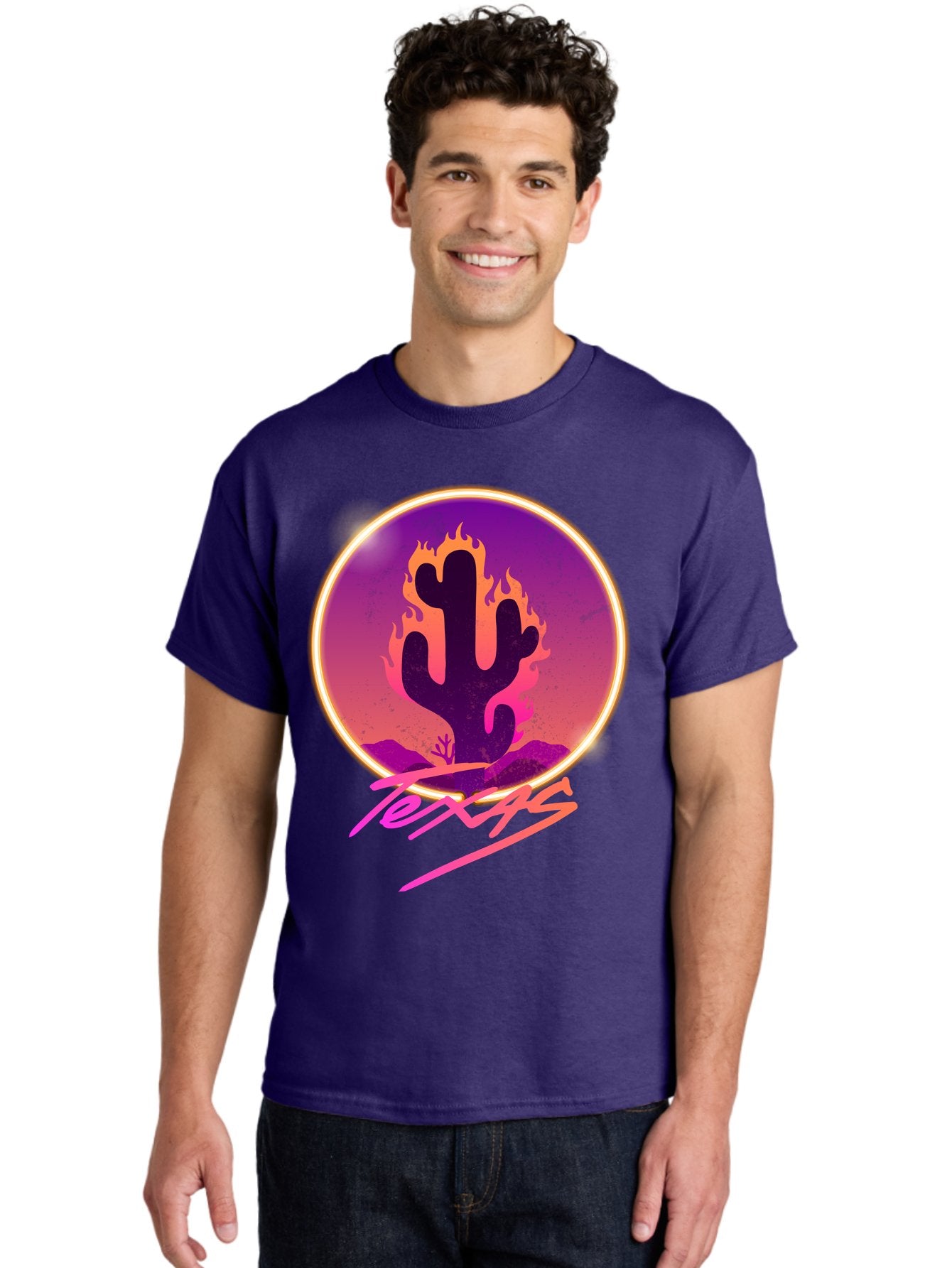 Texas Men'S Graphic Tee, 100% Cotton, Comfortable Casual Summer Wear, Machine Washable, Cactus On Fire, Fiery Desert Landscape, Purple And Orange Gradient, Glowing Effect, Neon Light, Landscape Design, Western Theme, Desert Scenery Aae688 22