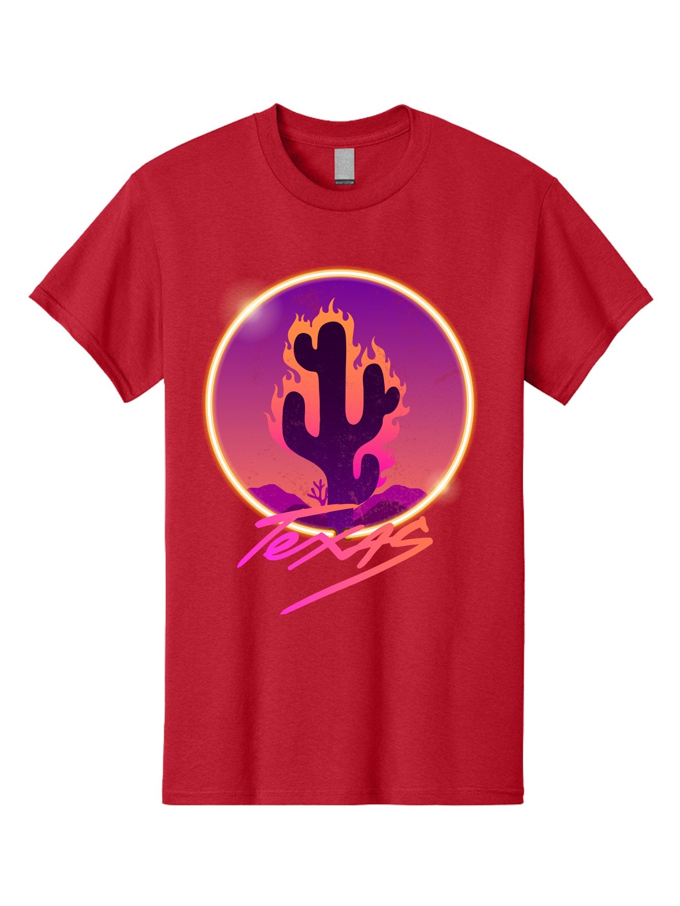 Texas Men'S Graphic Tee, 100% Cotton, Comfortable Casual Summer Wear, Machine Washable, Cactus On Fire, Fiery Desert Landscape, Purple And Orange Gradient, Glowing Effect, Neon Light, Landscape Design, Western Theme, Desert Scenery Aae688 10