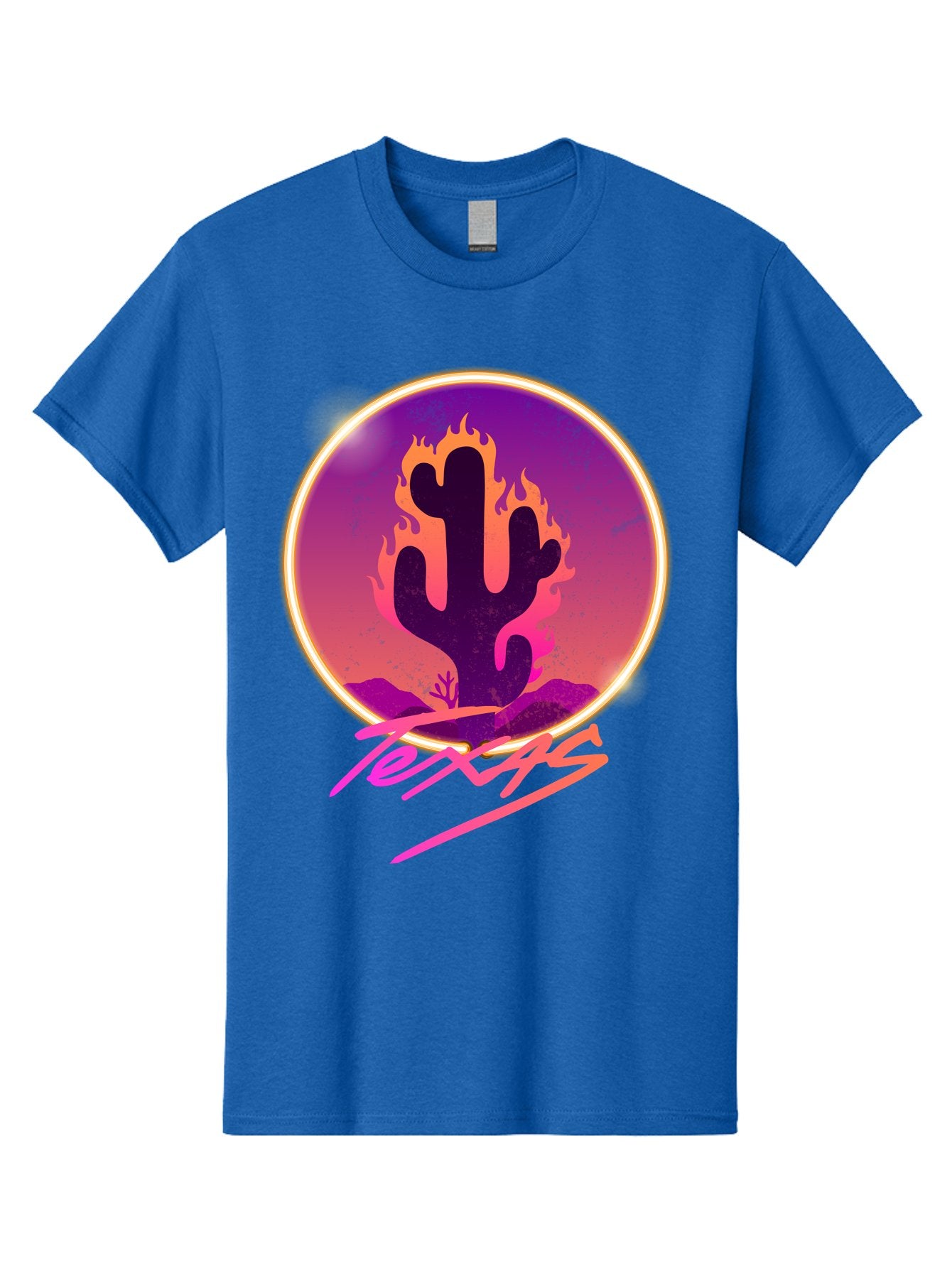 Texas Men'S Graphic Tee, 100% Cotton, Comfortable Casual Summer Wear, Machine Washable, Cactus On Fire, Fiery Desert Landscape, Purple And Orange Gradient, Glowing Effect, Neon Light, Landscape Design, Western Theme, Desert Scenery Aae688 5