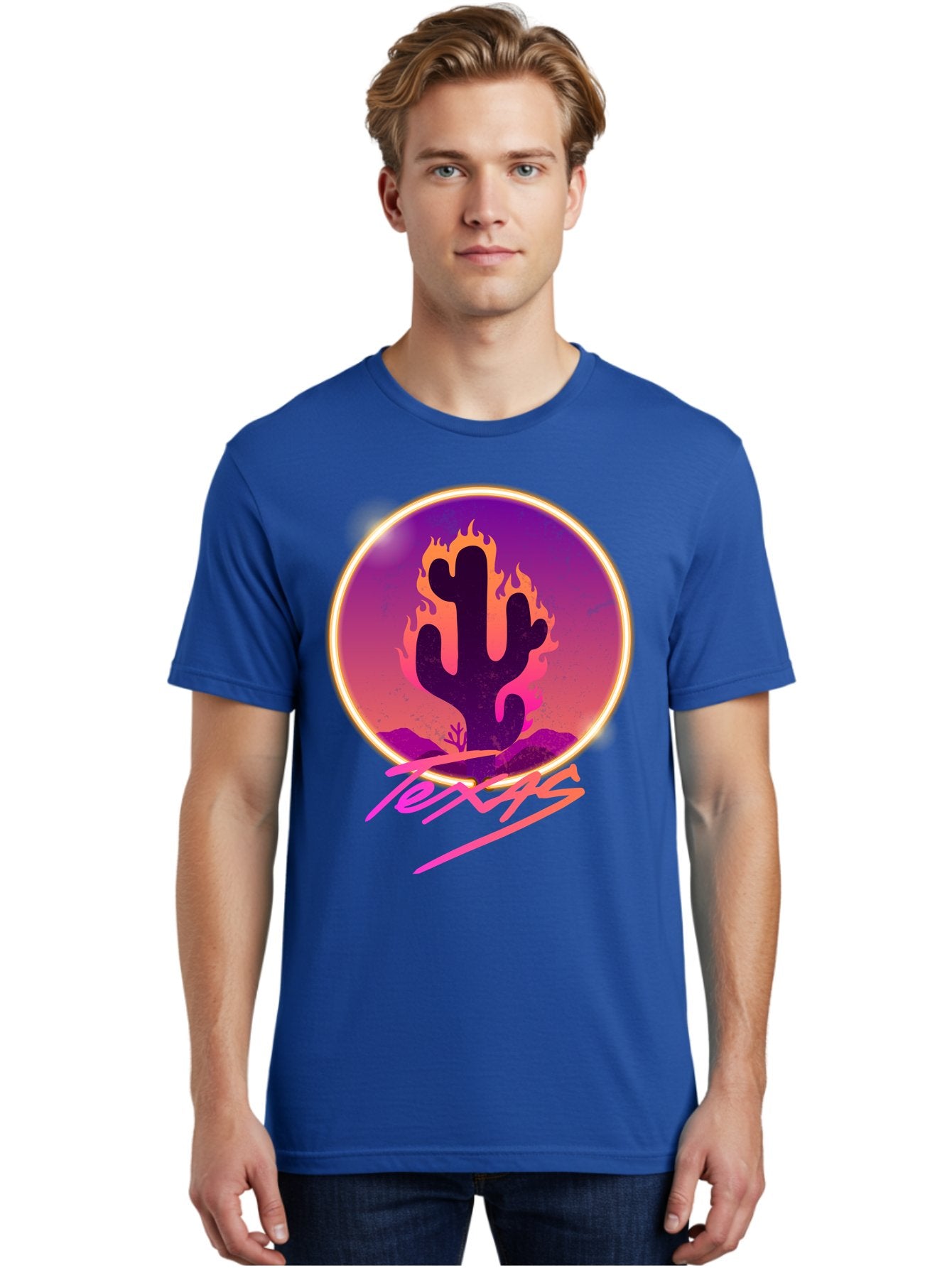 Texas Men'S Graphic Tee, 100% Cotton, Comfortable Casual Summer Wear, Machine Washable, Cactus On Fire, Fiery Desert Landscape, Purple And Orange Gradient, Glowing Effect, Neon Light, Landscape Design, Western Theme, Desert Scenery Aae688 23