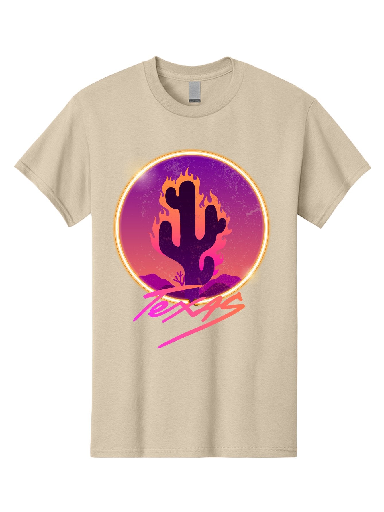 Texas Men'S Graphic Tee, 100% Cotton, Comfortable Casual Summer Wear, Machine Washable, Cactus On Fire, Fiery Desert Landscape, Purple And Orange Gradient, Glowing Effect, Neon Light, Landscape Design, Western Theme, Desert Scenery Aae688 14