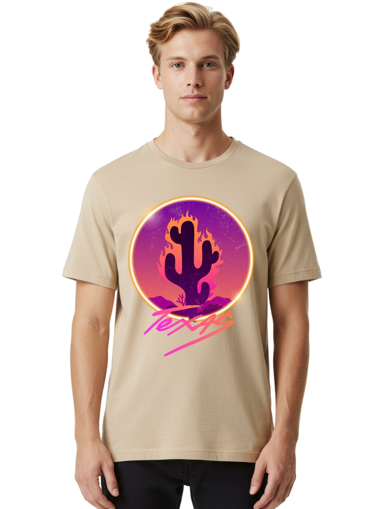 Texas Men'S Graphic Tee, 100% Cotton, Comfortable Casual Summer Wear, Machine Washable, Cactus On Fire, Fiery Desert Landscape, Purple And Orange Gradient, Glowing Effect, Neon Light, Landscape Design, Western Theme, Desert Scenery Aae688 29