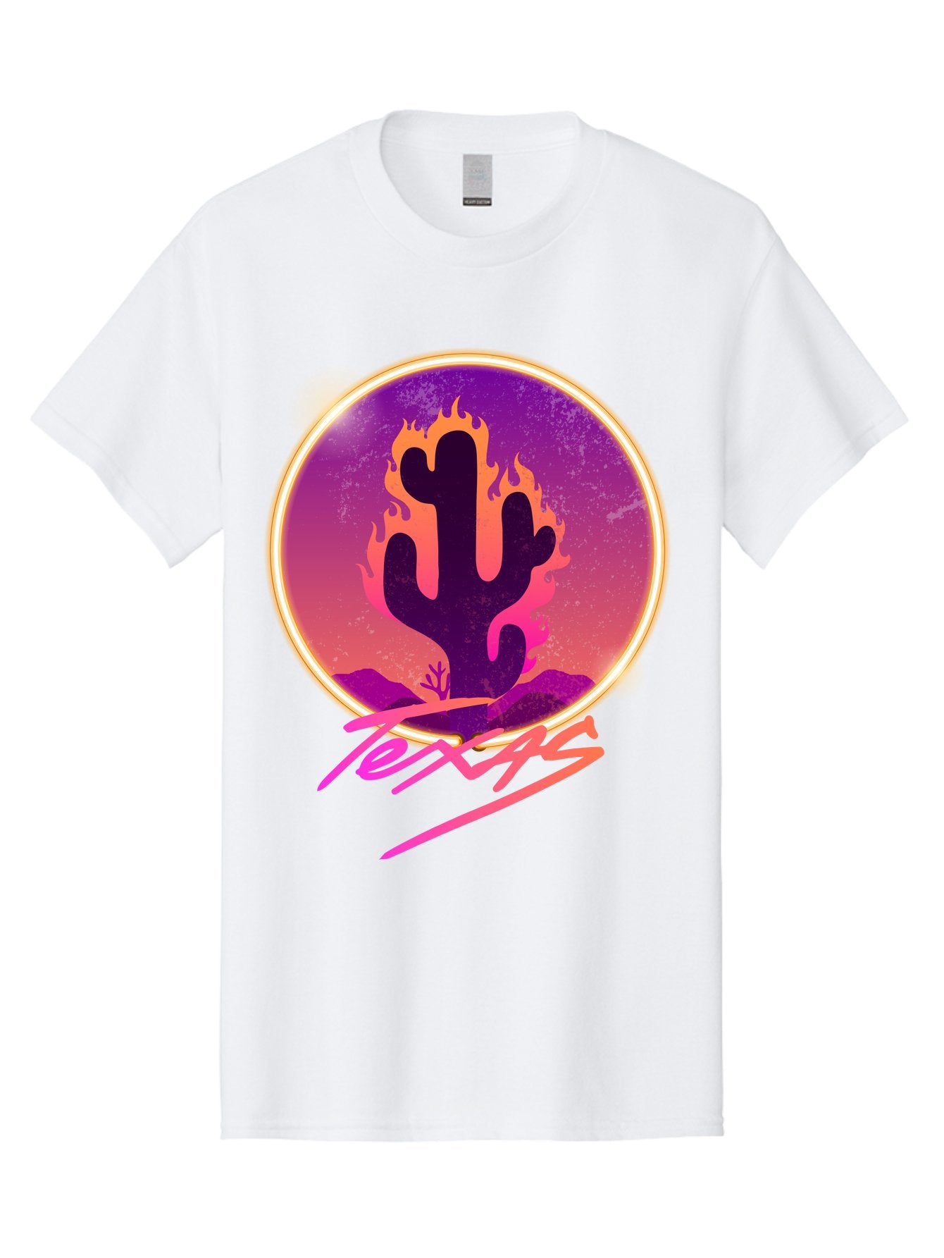 Texas Men'S Graphic Tee, 100% Cotton, Comfortable Casual Summer Wear, Machine Washable, Cactus On Fire, Fiery Desert Landscape, Purple And Orange Gradient, Glowing Effect, Neon Light, Landscape Design, Western Theme, Desert Scenery Aae688 11