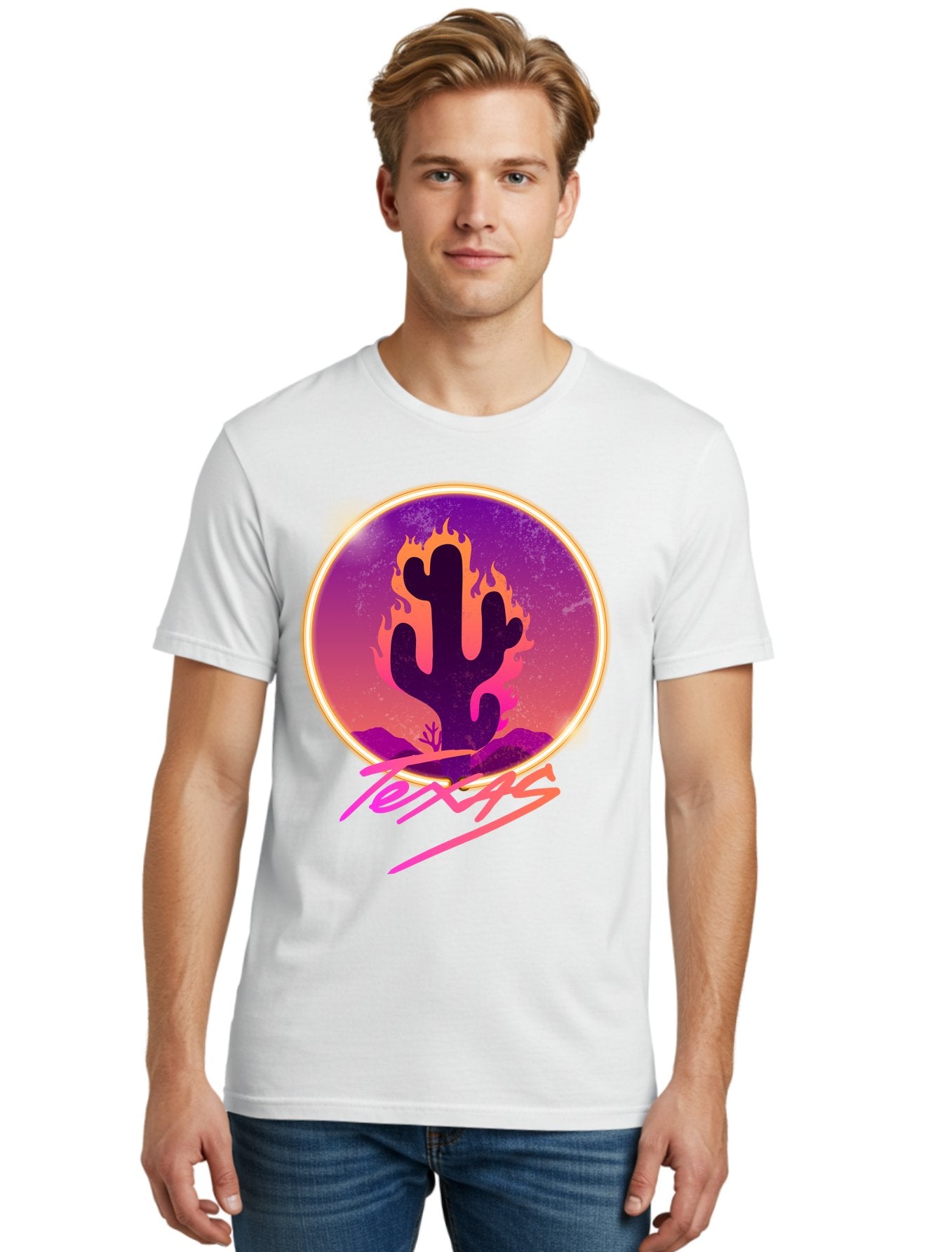 Texas Men'S Graphic Tee, 100% Cotton, Comfortable Casual Summer Wear, Machine Washable, Cactus On Fire, Fiery Desert Landscape, Purple And Orange Gradient, Glowing Effect, Neon Light, Landscape Design, Western Theme, Desert Scenery Aae688 27