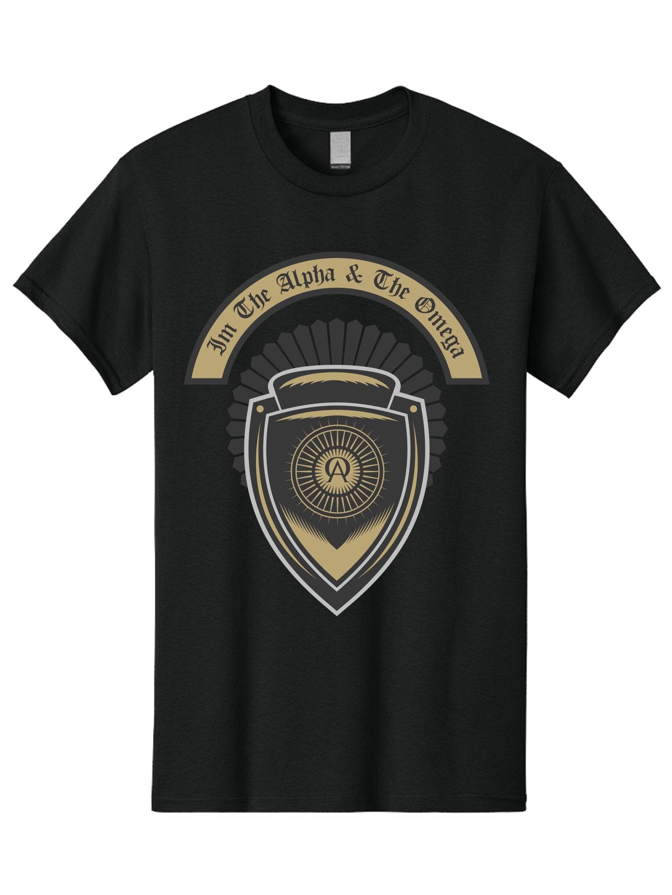 The Alpha And The Omega Men'S Graphic Tee, 100% Cotton, Comfortable Casual Summer Wear, Machine Washable, Shield Logo, Gold And Black Design, Symbolic Emblem, Mystical Symbol, Spiritual Icon, Alpha Symbol, Omega Phrase, Sacred Geometry, Aae692 7