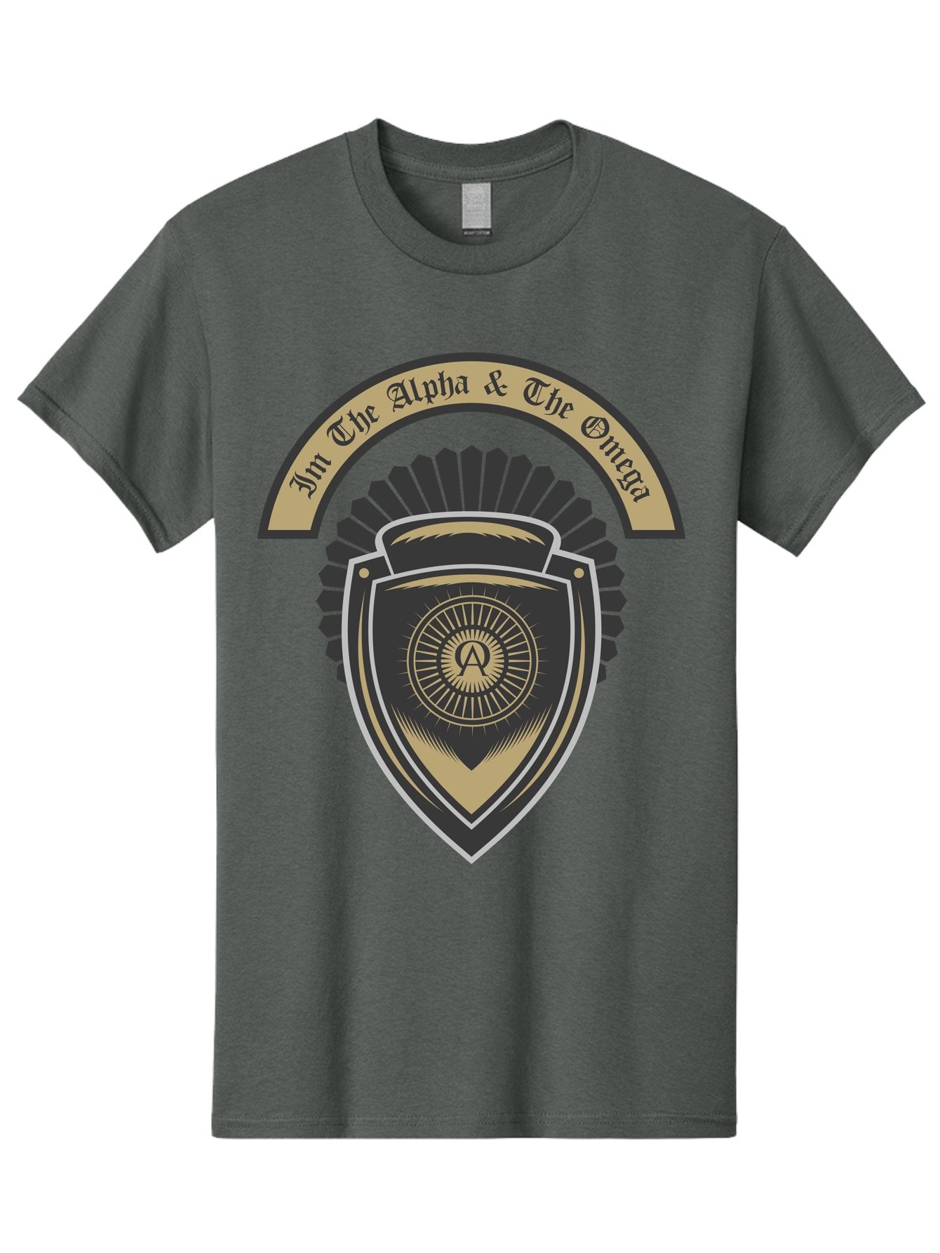 The Alpha And The Omega Men'S Graphic Tee, 100% Cotton, Comfortable Casual Summer Wear, Machine Washable, Shield Logo, Gold And Black Design, Symbolic Emblem, Mystical Symbol, Spiritual Icon, Alpha Symbol, Omega Phrase, Sacred Geometry, Aae692 15