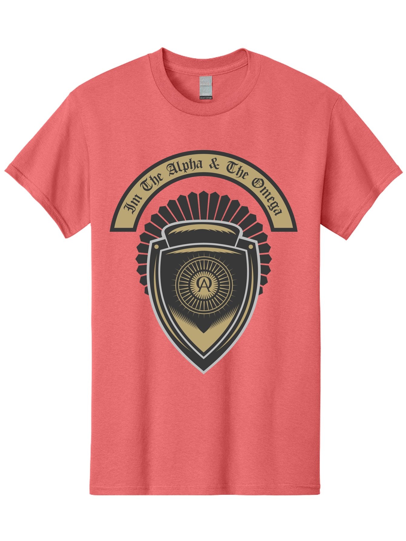 The Alpha And The Omega Men'S Graphic Tee, 100% Cotton, Comfortable Casual Summer Wear, Machine Washable, Shield Logo, Gold And Black Design, Symbolic Emblem, Mystical Symbol, Spiritual Icon, Alpha Symbol, Omega Phrase, Sacred Geometry, Aae692 9