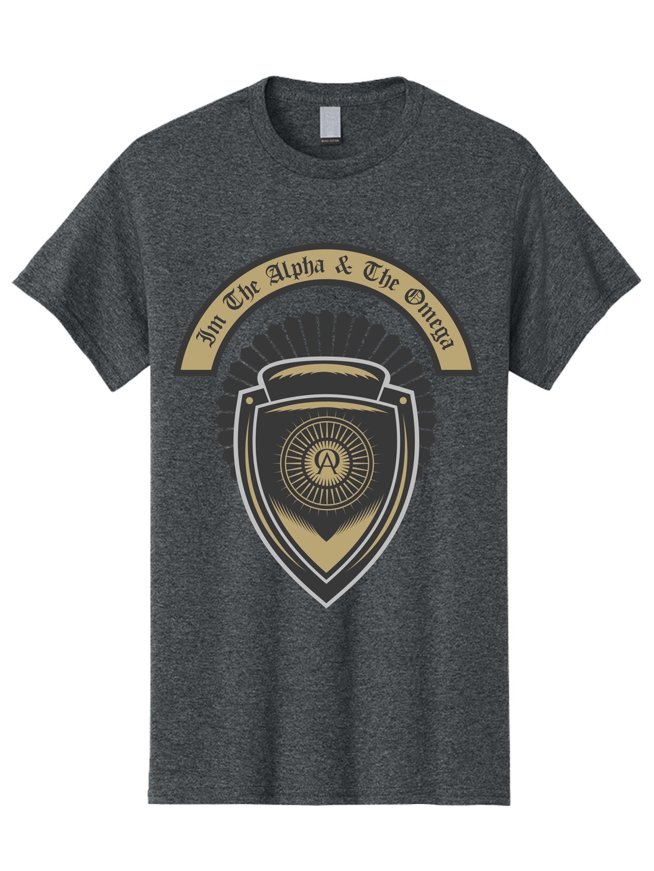 The Alpha And The Omega Men'S Graphic Tee, 100% Cotton, Comfortable Casual Summer Wear, Machine Washable, Shield Logo, Gold And Black Design, Symbolic Emblem, Mystical Symbol, Spiritual Icon, Alpha Symbol, Omega Phrase, Sacred Geometry, Aae692 5