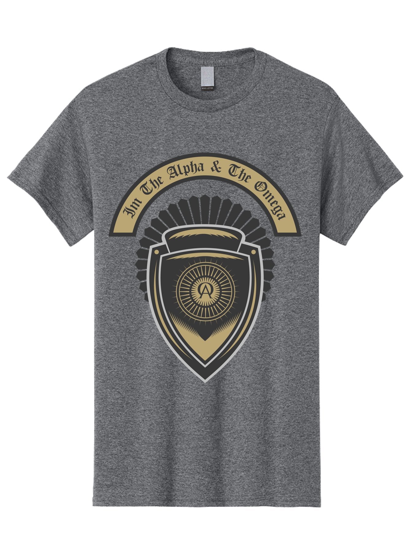 The Alpha And The Omega Men'S Graphic Tee, 100% Cotton, Comfortable Casual Summer Wear, Machine Washable, Shield Logo, Gold And Black Design, Symbolic Emblem, Mystical Symbol, Spiritual Icon, Alpha Symbol, Omega Phrase, Sacred Geometry, Aae692 13