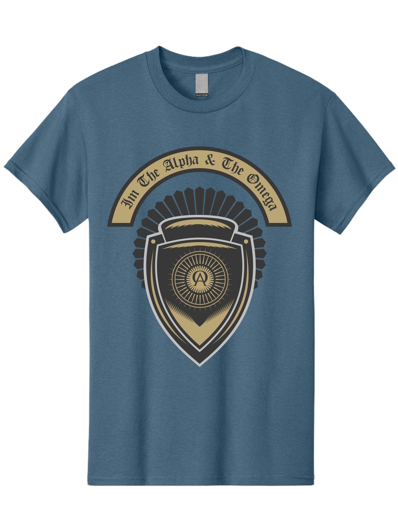 The Alpha And The Omega Men'S Graphic Tee, 100% Cotton, Comfortable Casual Summer Wear, Machine Washable, Shield Logo, Gold And Black Design, Symbolic Emblem, Mystical Symbol, Spiritual Icon, Alpha Symbol, Omega Phrase, Sacred Geometry, Aae692 12