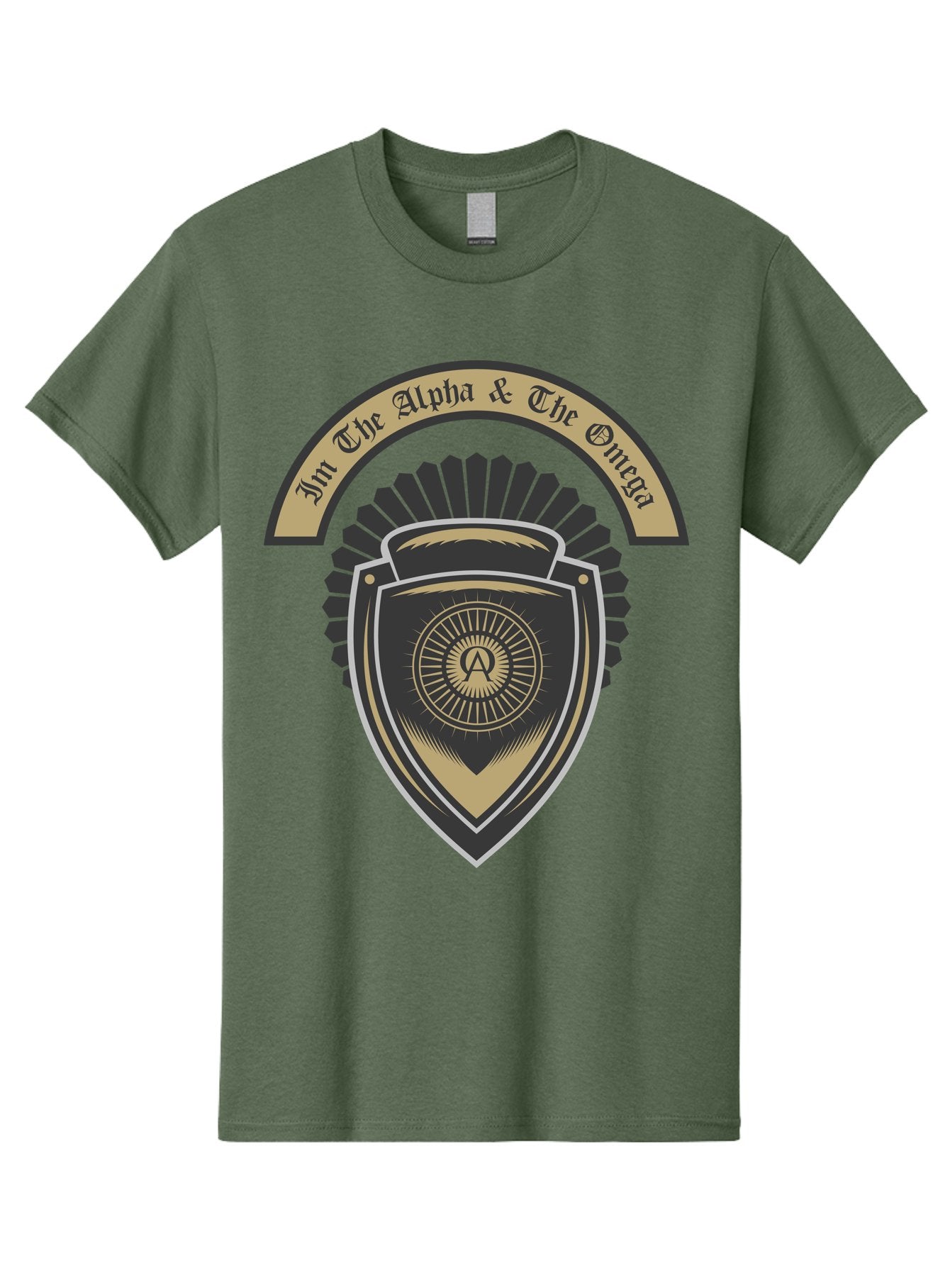 The Alpha And The Omega Men'S Graphic Tee, 100% Cotton, Comfortable Casual Summer Wear, Machine Washable, Shield Logo, Gold And Black Design, Symbolic Emblem, Mystical Symbol, Spiritual Icon, Alpha Symbol, Omega Phrase, Sacred Geometry, Aae692