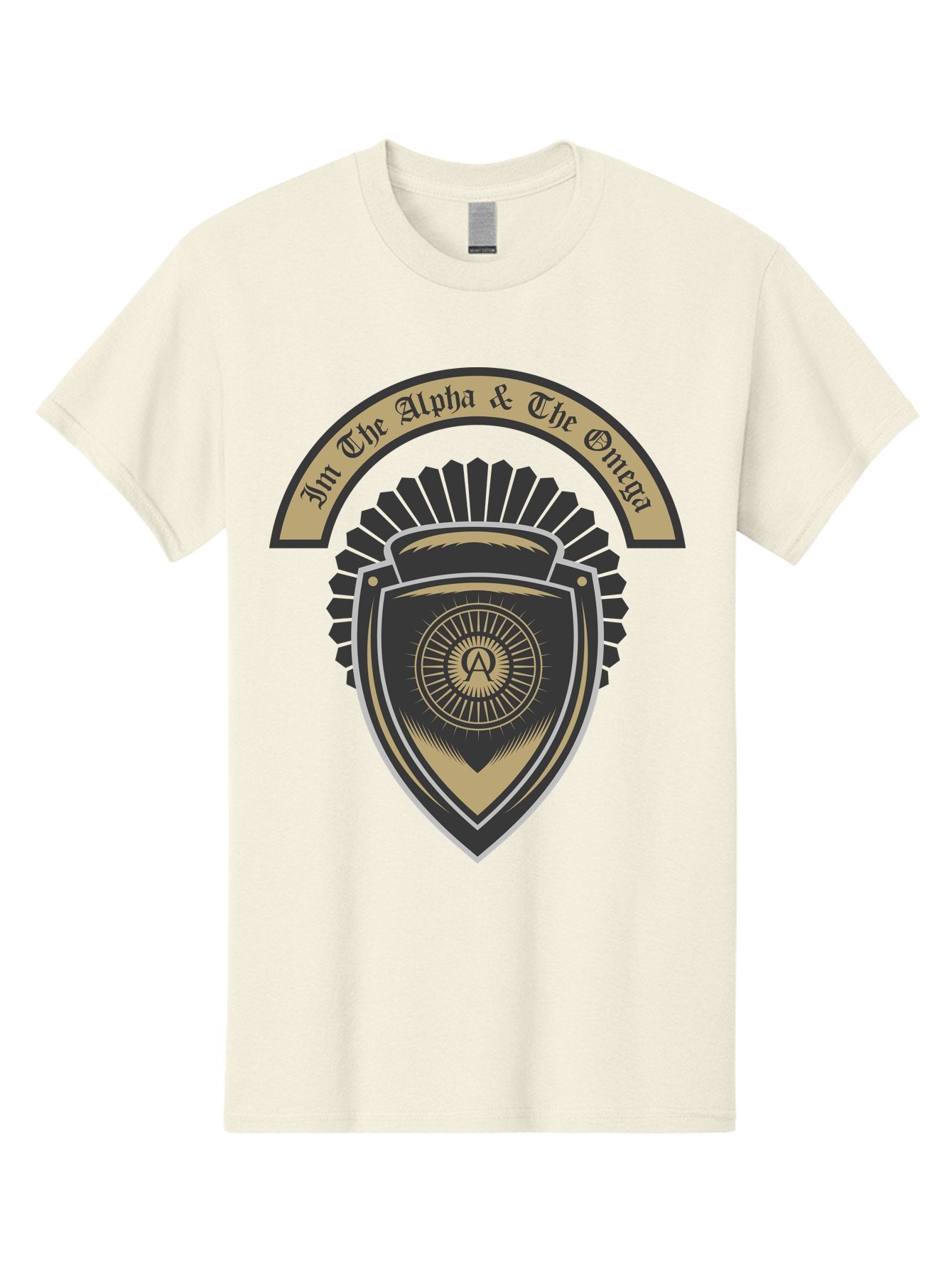 The Alpha And The Omega Men'S Graphic Tee, 100% Cotton, Comfortable Casual Summer Wear, Machine Washable, Shield Logo, Gold And Black Design, Symbolic Emblem, Mystical Symbol, Spiritual Icon, Alpha Symbol, Omega Phrase, Sacred Geometry, Aae692 10