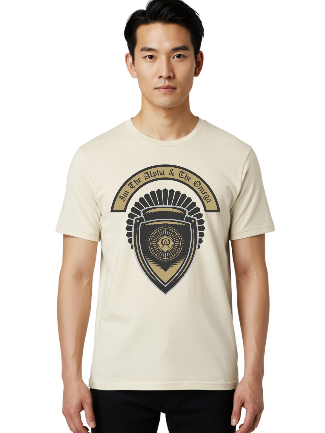 The Alpha And The Omega Men'S Graphic Tee, 100% Cotton, Comfortable Casual Summer Wear, Machine Washable, Shield Logo, Gold And Black Design, Symbolic Emblem, Mystical Symbol, Spiritual Icon, Alpha Symbol, Omega Phrase, Sacred Geometry, Aae692 17