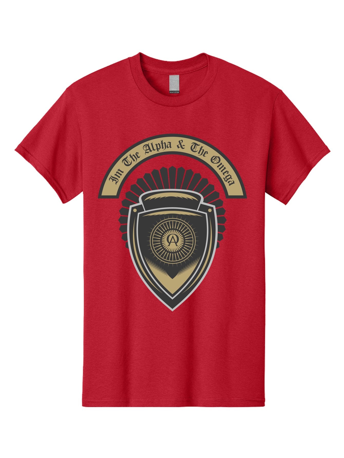 The Alpha And The Omega Men'S Graphic Tee, 100% Cotton, Comfortable Casual Summer Wear, Machine Washable, Shield Logo, Gold And Black Design, Symbolic Emblem, Mystical Symbol, Spiritual Icon, Alpha Symbol, Omega Phrase, Sacred Geometry, Aae692 3