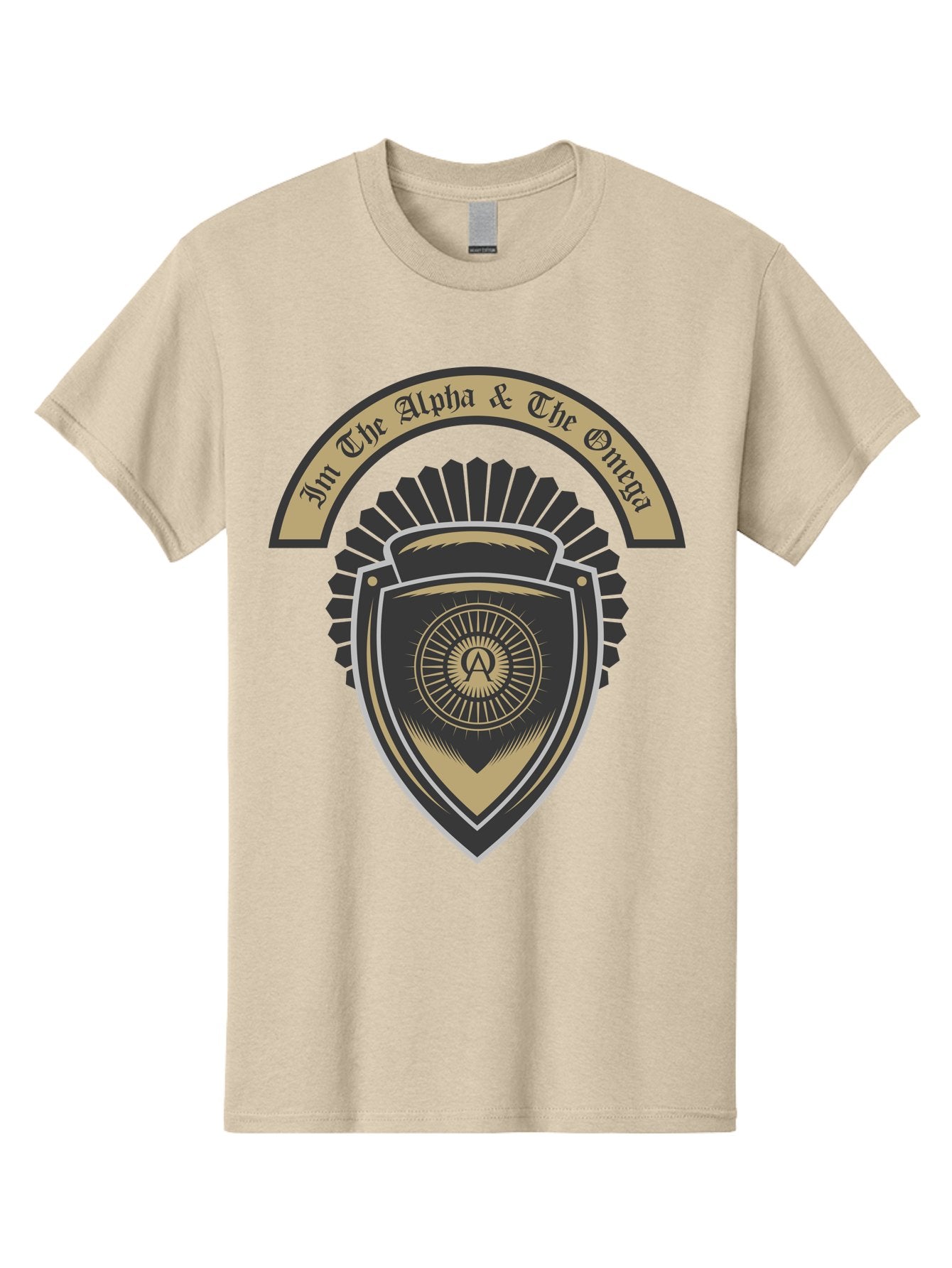 The Alpha And The Omega Men'S Graphic Tee, 100% Cotton, Comfortable Casual Summer Wear, Machine Washable, Shield Logo, Gold And Black Design, Symbolic Emblem, Mystical Symbol, Spiritual Icon, Alpha Symbol, Omega Phrase, Sacred Geometry, Aae692 6