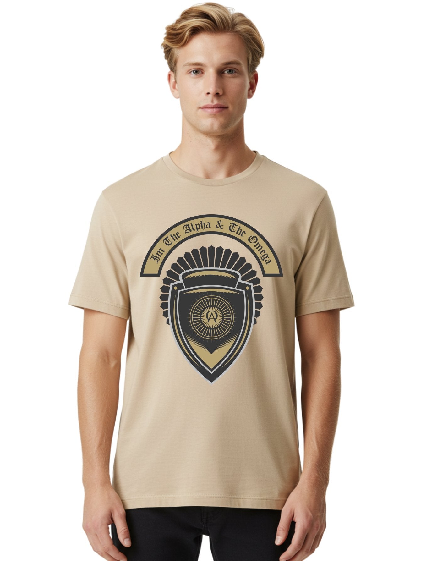 The Alpha And The Omega Men'S Graphic Tee, 100% Cotton, Comfortable Casual Summer Wear, Machine Washable, Shield Logo, Gold And Black Design, Symbolic Emblem, Mystical Symbol, Spiritual Icon, Alpha Symbol, Omega Phrase, Sacred Geometry, Aae692 24