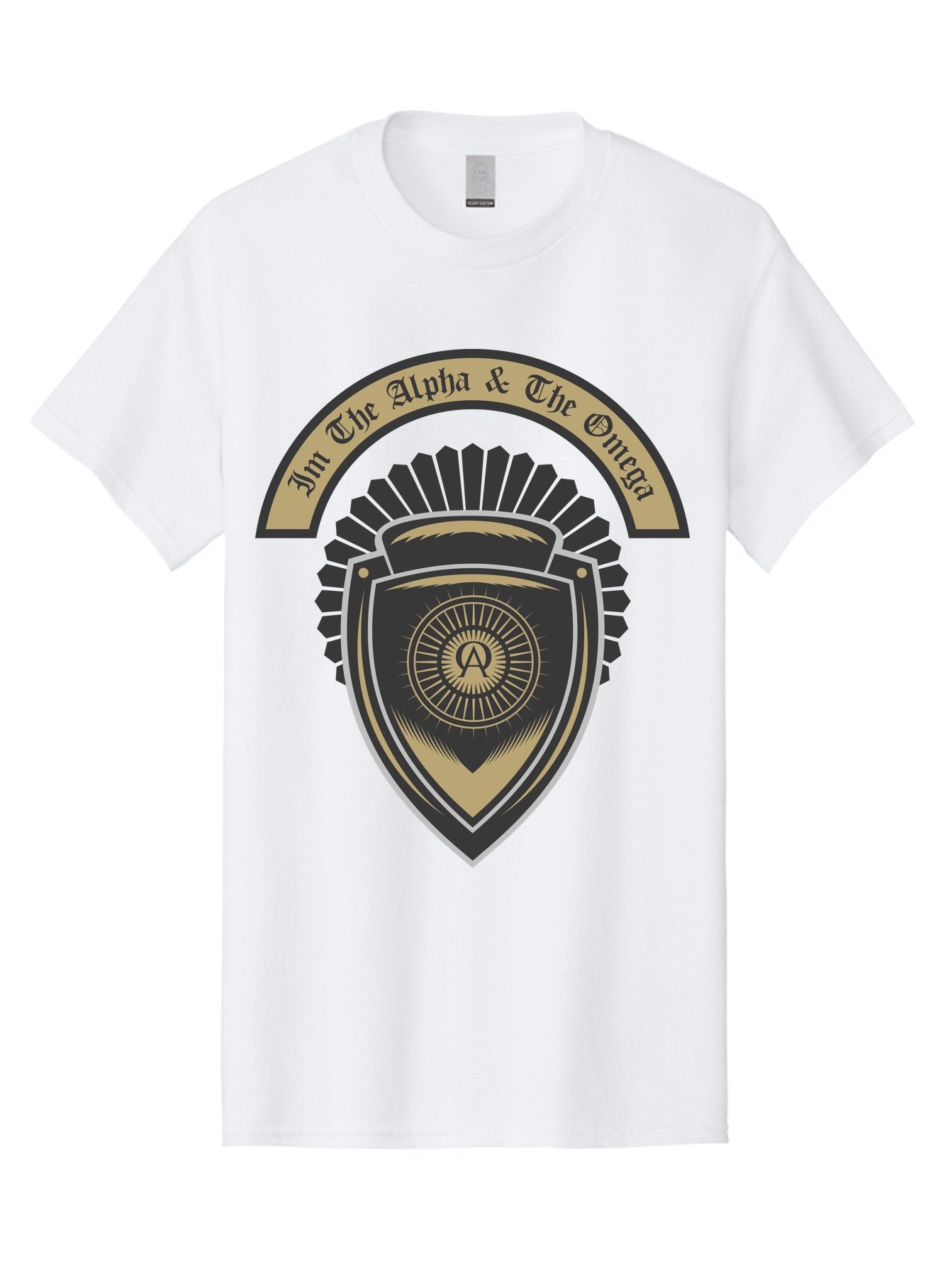 The Alpha And The Omega Men'S Graphic Tee, 100% Cotton, Comfortable Casual Summer Wear, Machine Washable, Shield Logo, Gold And Black Design, Symbolic Emblem, Mystical Symbol, Spiritual Icon, Alpha Symbol, Omega Phrase, Sacred Geometry, Aae692 4