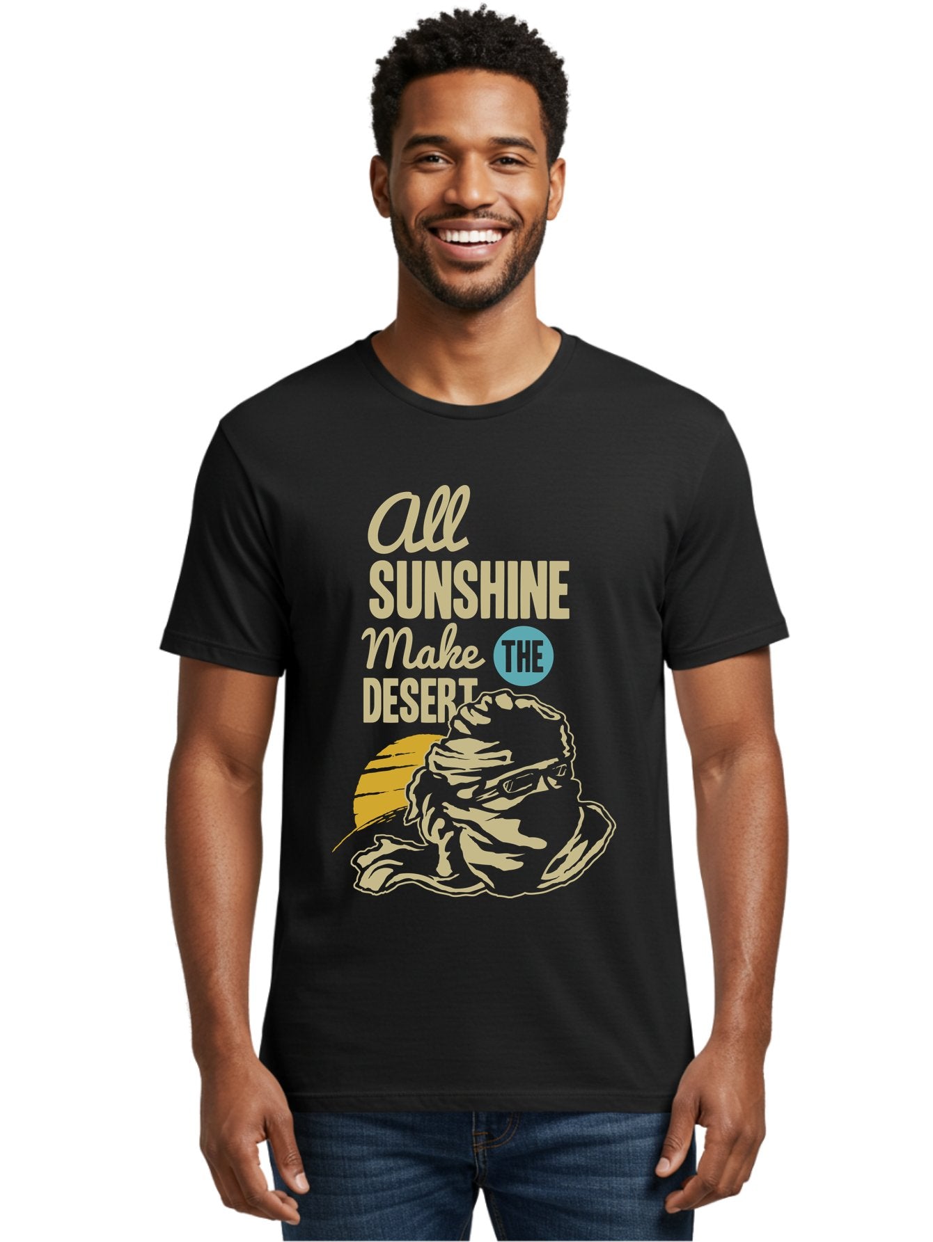 The Desert Men'S Graphic Tee, 100% Cotton, Comfortable Casual Summer Wear, Machine Washable, Inspirational Quote, Desert Theme, Sunshine, Frog Illustration, Desert Landscape, Motivational Message, Fun Design, Quirky Art, Summer Vibes, Aae701 21