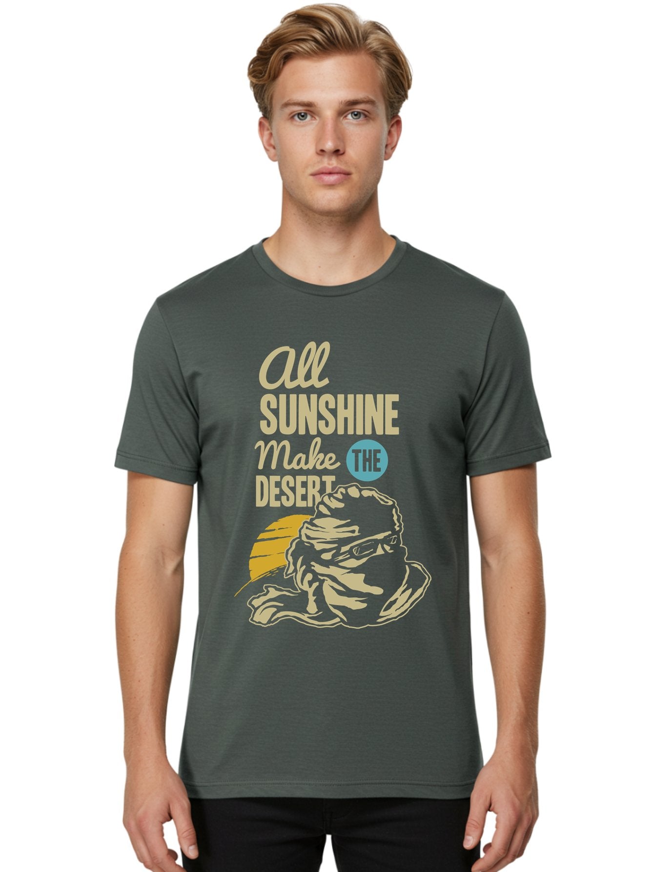 The Desert Men'S Graphic Tee, 100% Cotton, Comfortable Casual Summer Wear, Machine Washable, Inspirational Quote, Desert Theme, Sunshine, Frog Illustration, Desert Landscape, Motivational Message, Fun Design, Quirky Art, Summer Vibes, Aae701 28