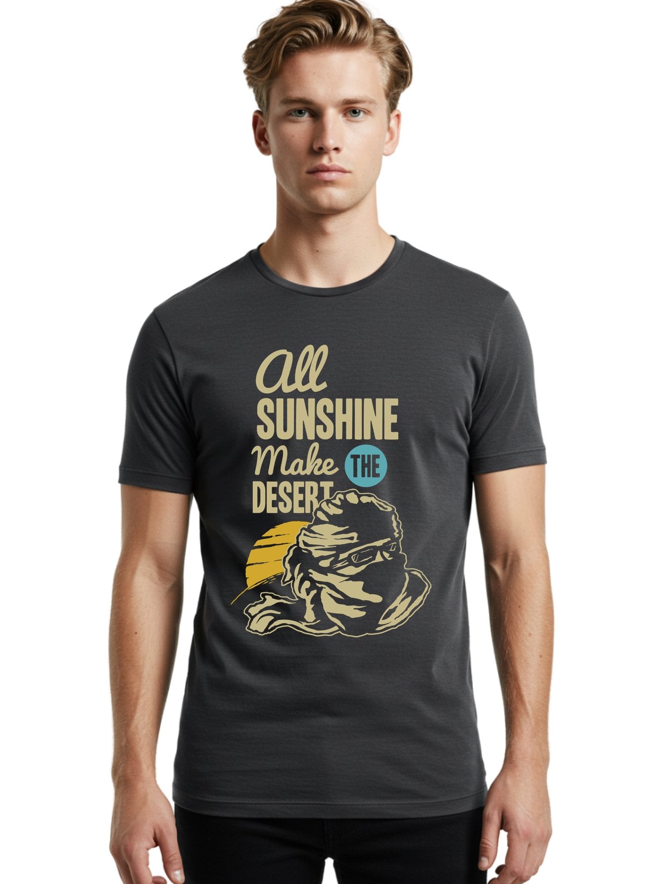The Desert Men'S Graphic Tee, 100% Cotton, Comfortable Casual Summer Wear, Machine Washable, Inspirational Quote, Desert Theme, Sunshine, Frog Illustration, Desert Landscape, Motivational Message, Fun Design, Quirky Art, Summer Vibes, Aae701 18