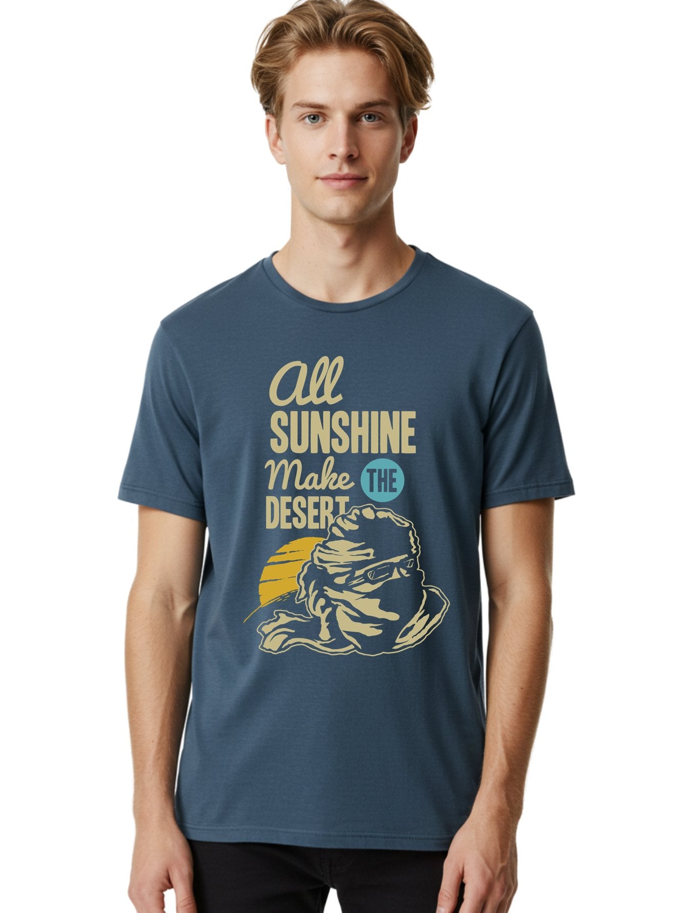 The Desert Men'S Graphic Tee, 100% Cotton, Comfortable Casual Summer Wear, Machine Washable, Inspirational Quote, Desert Theme, Sunshine, Frog Illustration, Desert Landscape, Motivational Message, Fun Design, Quirky Art, Summer Vibes, Aae701 17