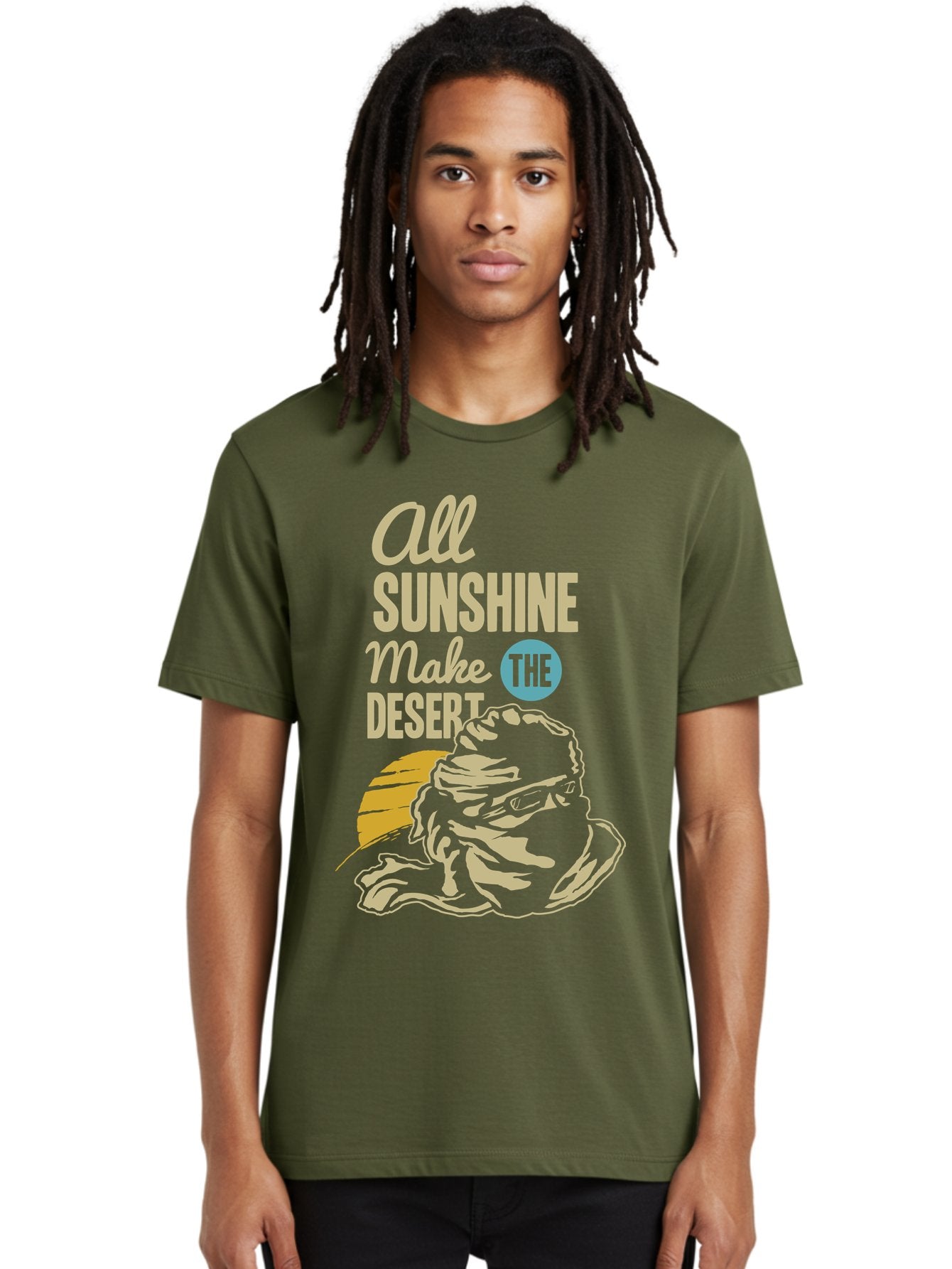 The Desert Men'S Graphic Tee, 100% Cotton, Comfortable Casual Summer Wear, Machine Washable, Inspirational Quote, Desert Theme, Sunshine, Frog Illustration, Desert Landscape, Motivational Message, Fun Design, Quirky Art, Summer Vibes, Aae701 26