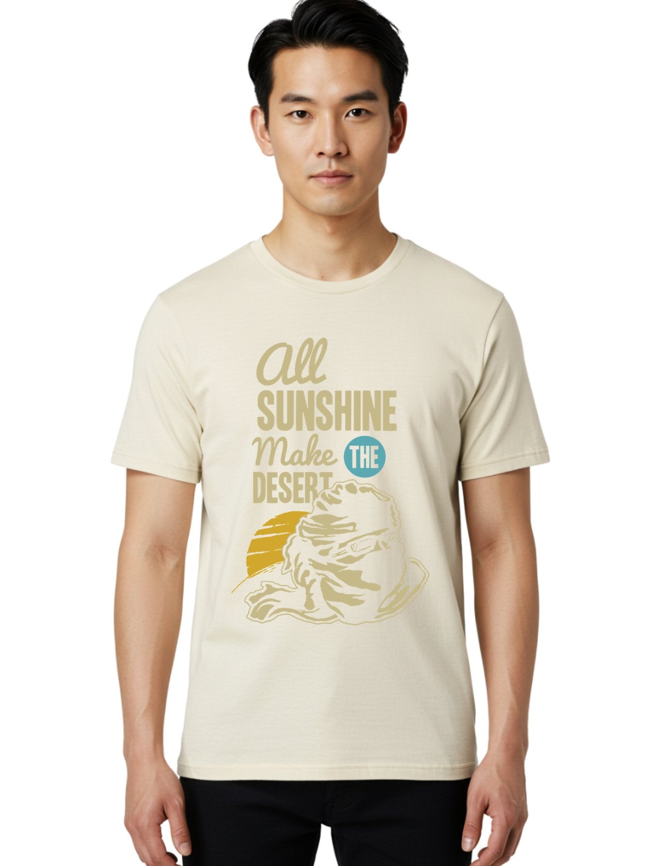 The Desert Men'S Graphic Tee, 100% Cotton, Comfortable Casual Summer Wear, Machine Washable, Inspirational Quote, Desert Theme, Sunshine, Frog Illustration, Desert Landscape, Motivational Message, Fun Design, Quirky Art, Summer Vibes, Aae701 23