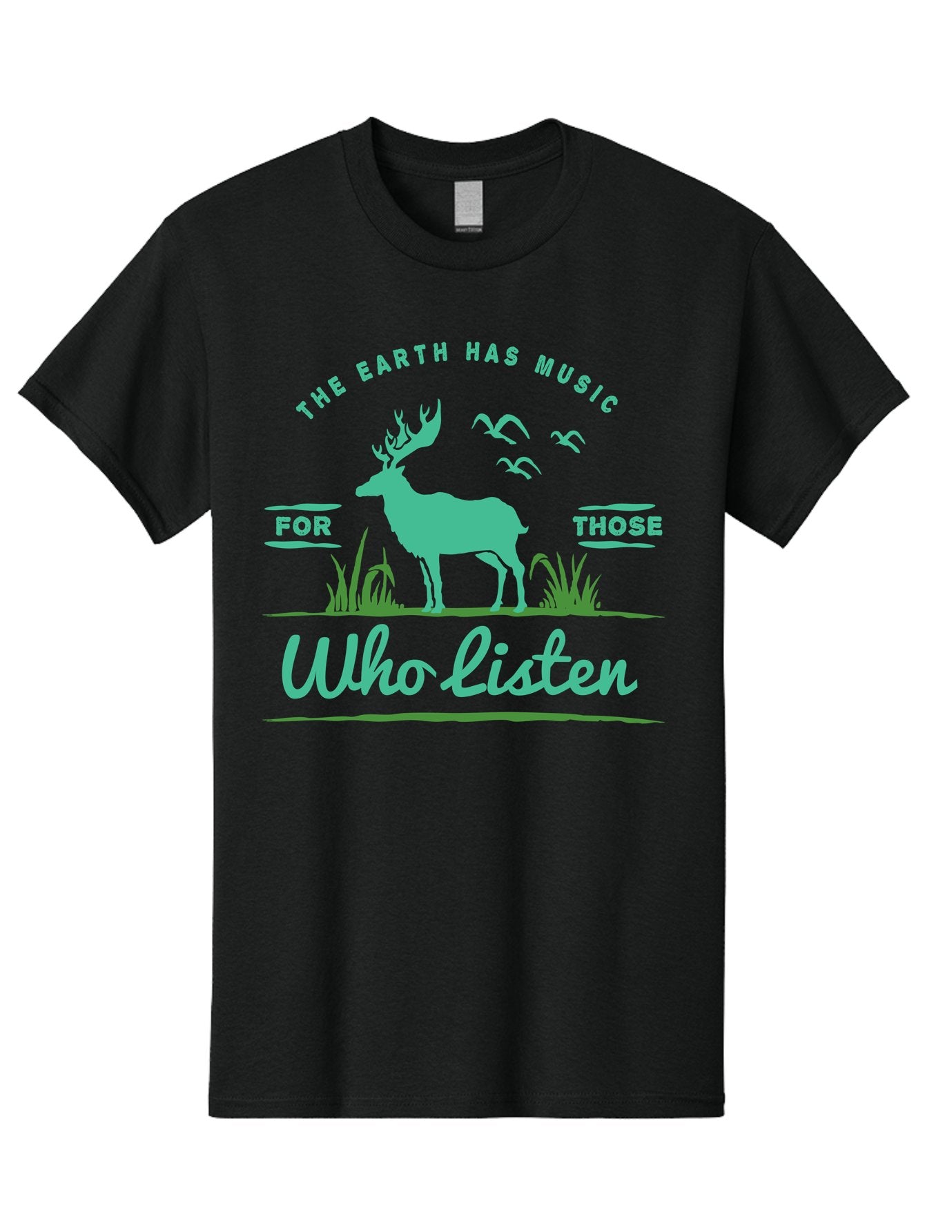 The Earth Has Music Men'S Graphic Tee, 100% Cotton, Comfortable Casual Summer Wear, Machine Washable, Wildlife Conservation, Environmentalism, Deer Silhouette, Birds In Flight, Inspirational Quote, Eco-Friendly Message, Nature Lovers, Aae702 12