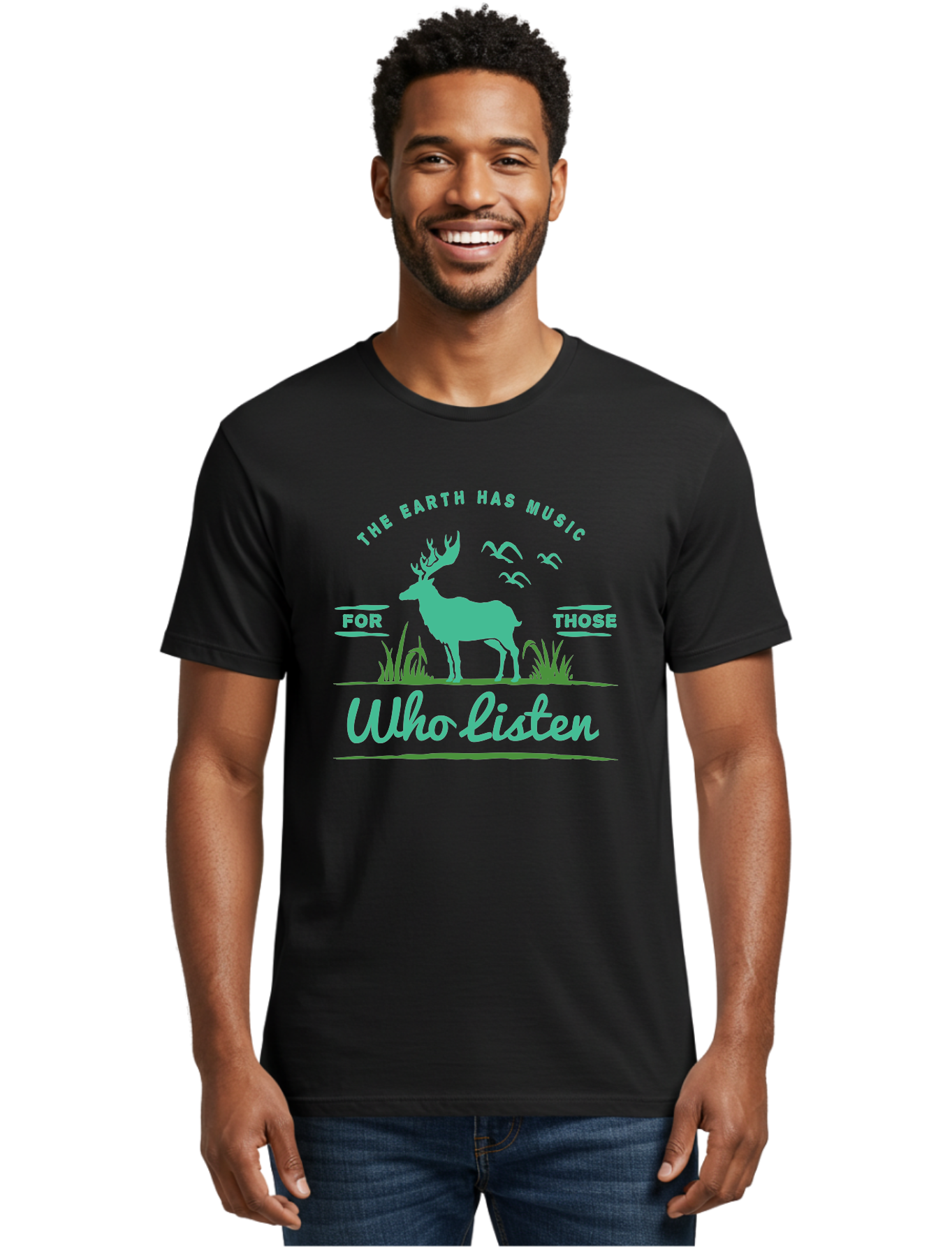 The Earth Has Music Men'S Graphic Tee, 100% Cotton, Comfortable Casual Summer Wear, Machine Washable, Wildlife Conservation, Environmentalism, Deer Silhouette, Birds In Flight, Inspirational Quote, Eco-Friendly Message, Nature Lovers, Aae702 22