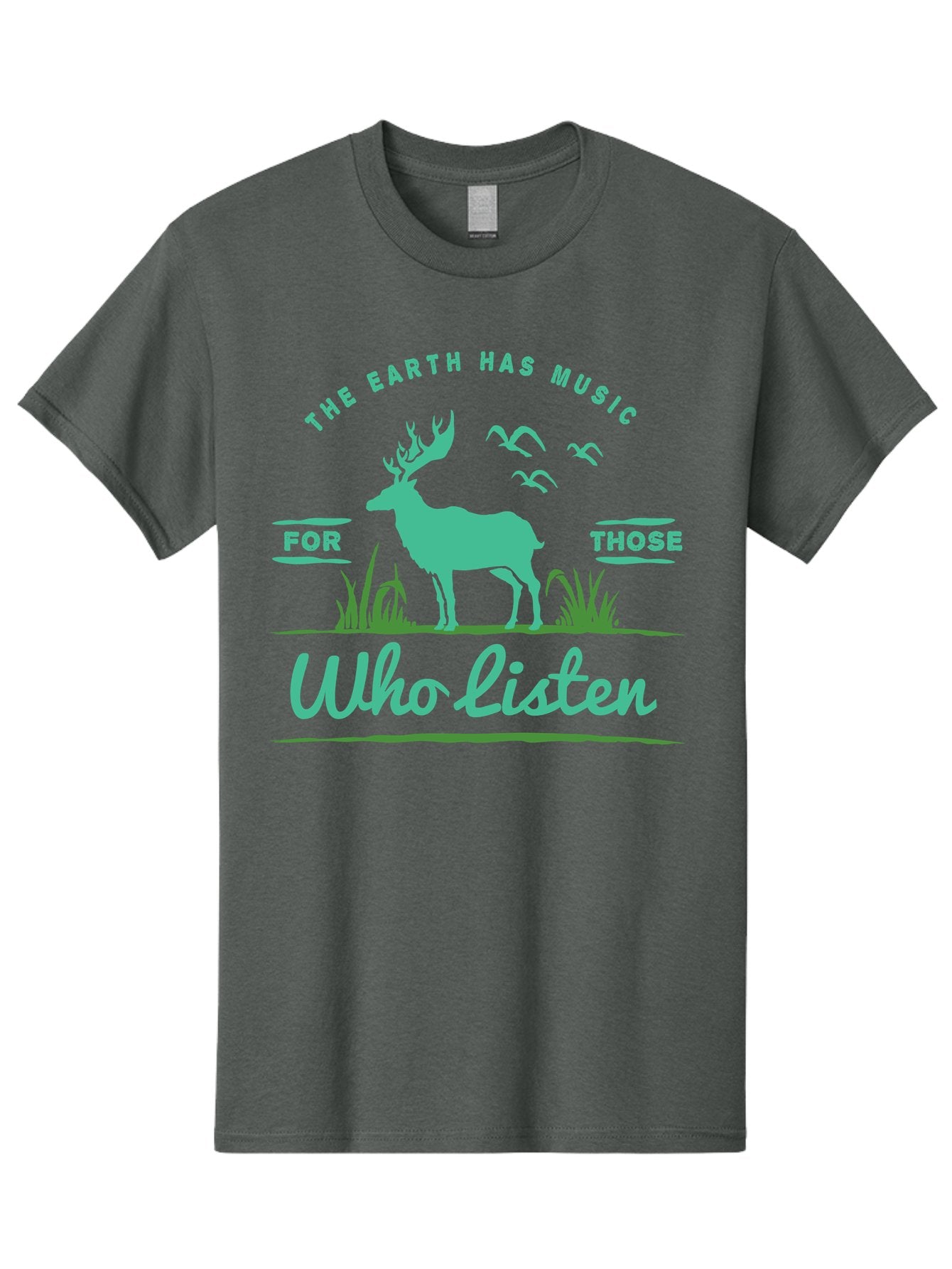 The Earth Has Music Men'S Graphic Tee, 100% Cotton, Comfortable Casual Summer Wear, Machine Washable, Wildlife Conservation, Environmentalism, Deer Silhouette, Birds In Flight, Inspirational Quote, Eco-Friendly Message, Nature Lovers, Aae702