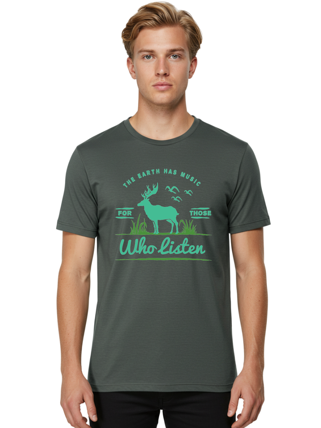 The Earth Has Music Men'S Graphic Tee, 100% Cotton, Comfortable Casual Summer Wear, Machine Washable, Wildlife Conservation, Environmentalism, Deer Silhouette, Birds In Flight, Inspirational Quote, Eco-Friendly Message, Nature Lovers, Aae702