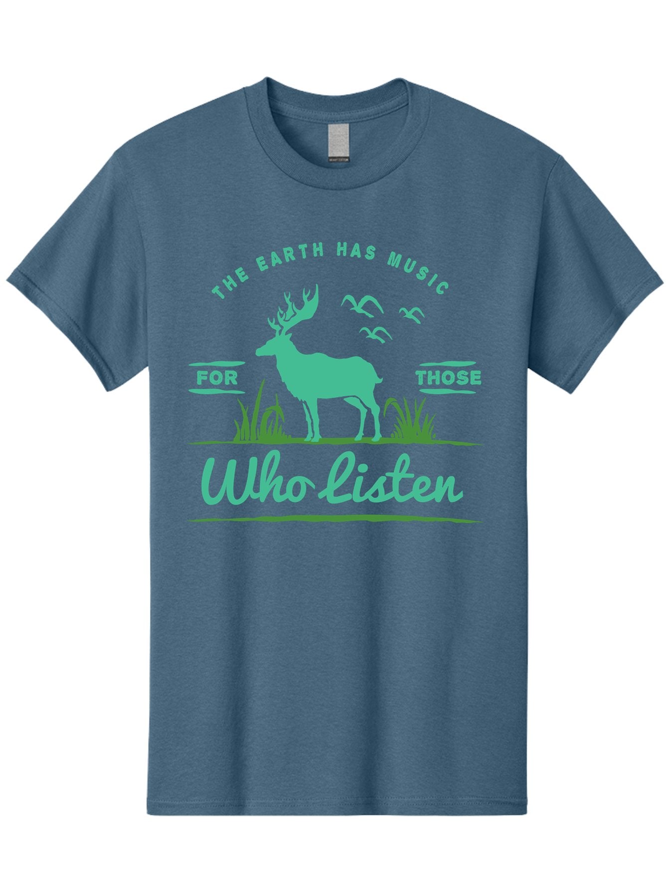 The Earth Has Music Men'S Graphic Tee, 100% Cotton, Comfortable Casual Summer Wear, Machine Washable, Wildlife Conservation, Environmentalism, Deer Silhouette, Birds In Flight, Inspirational Quote, Eco-Friendly Message, Nature Lovers, Aae702 15