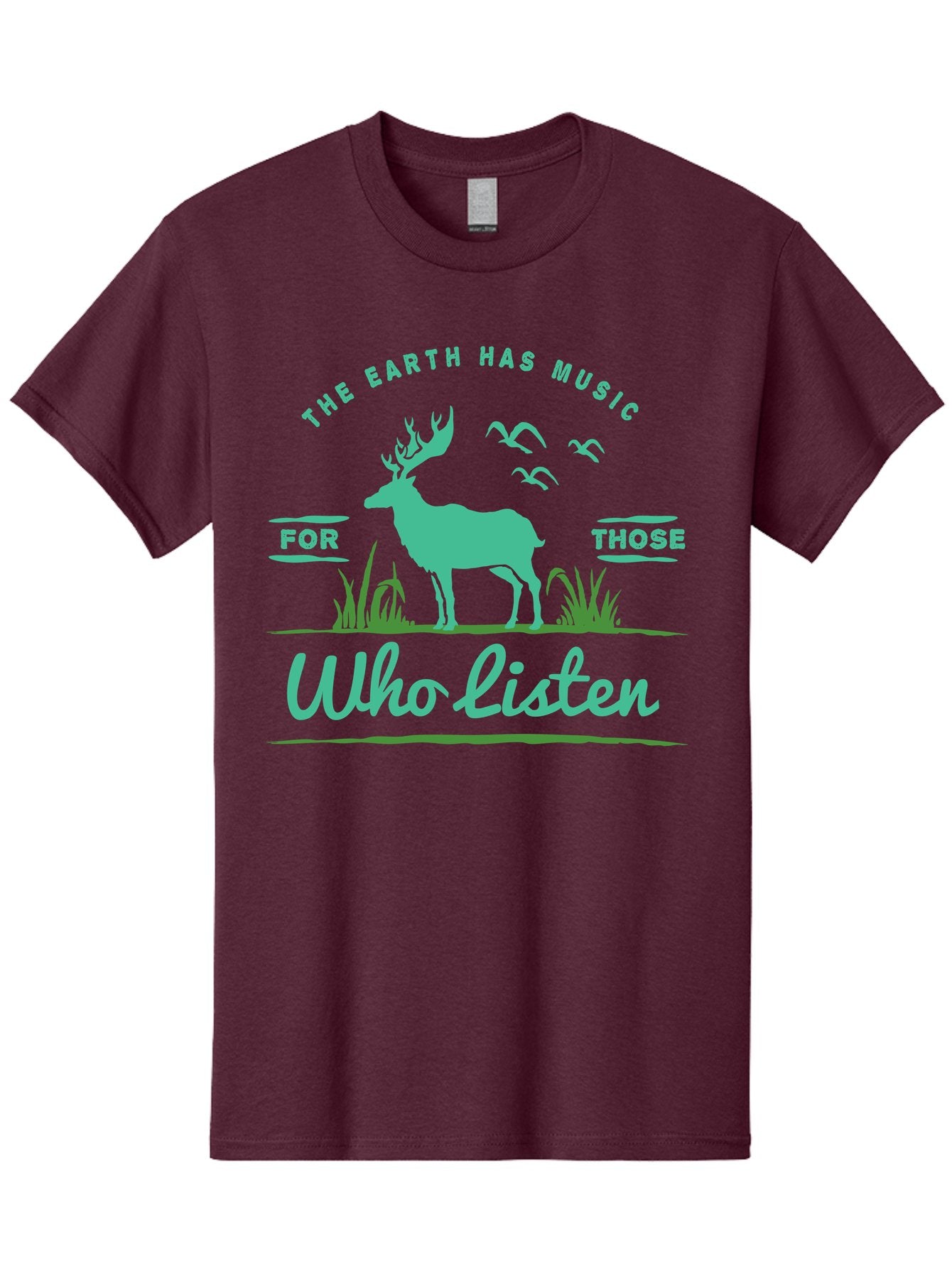 The Earth Has Music Men'S Graphic Tee, 100% Cotton, Comfortable Casual Summer Wear, Machine Washable, Wildlife Conservation, Environmentalism, Deer Silhouette, Birds In Flight, Inspirational Quote, Eco-Friendly Message, Nature Lovers, Aae702 9