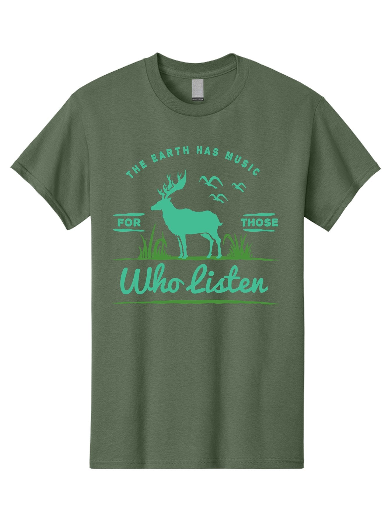The Earth Has Music Men'S Graphic Tee, 100% Cotton, Comfortable Casual Summer Wear, Machine Washable, Wildlife Conservation, Environmentalism, Deer Silhouette, Birds In Flight, Inspirational Quote, Eco-Friendly Message, Nature Lovers, Aae702 7