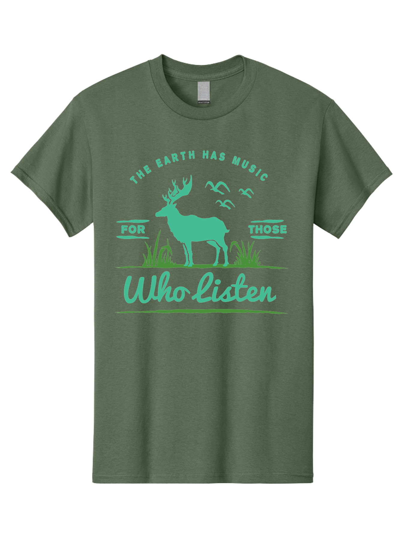 The Earth Has Music Men'S Graphic Tee, 100% Cotton, Comfortable Casual Summer Wear, Machine Washable, Wildlife Conservation, Environmentalism, Deer Silhouette, Birds In Flight, Inspirational Quote, Eco-Friendly Message, Nature Lovers, Aae702 13
