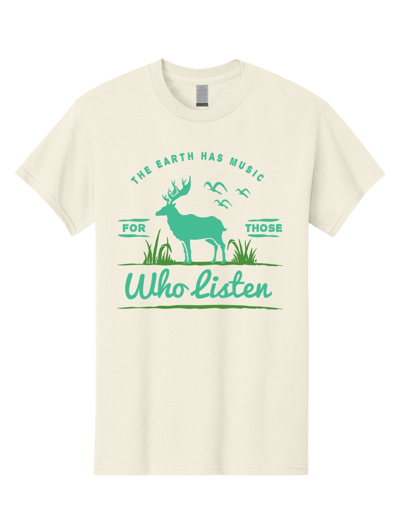 The Earth Has Music Men'S Graphic Tee, 100% Cotton, Comfortable Casual Summer Wear, Machine Washable, Wildlife Conservation, Environmentalism, Deer Silhouette, Birds In Flight, Inspirational Quote, Eco-Friendly Message, Nature Lovers, Aae702 6