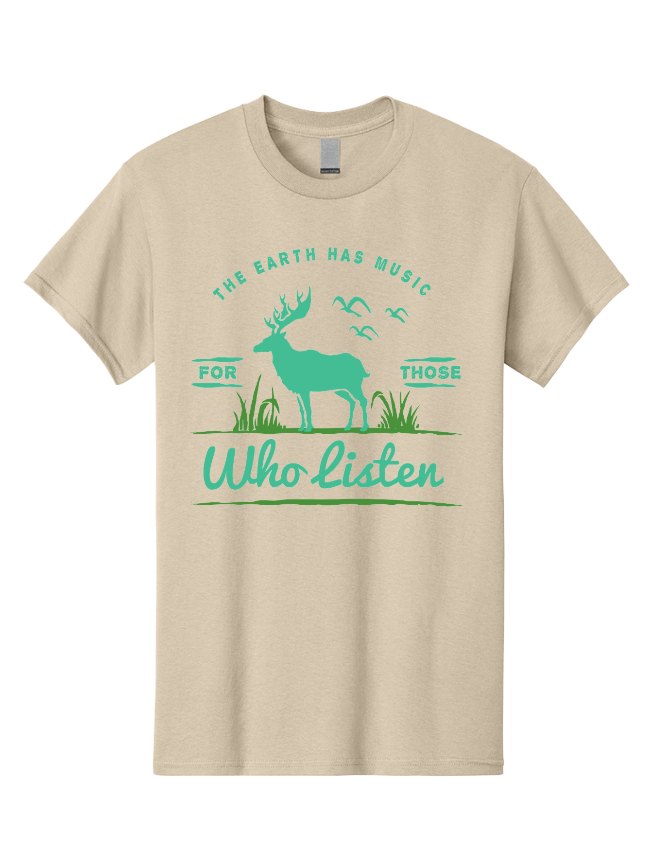 The Earth Has Music Men'S Graphic Tee, 100% Cotton, Comfortable Casual Summer Wear, Machine Washable, Wildlife Conservation, Environmentalism, Deer Silhouette, Birds In Flight, Inspirational Quote, Eco-Friendly Message, Nature Lovers, Aae702 5