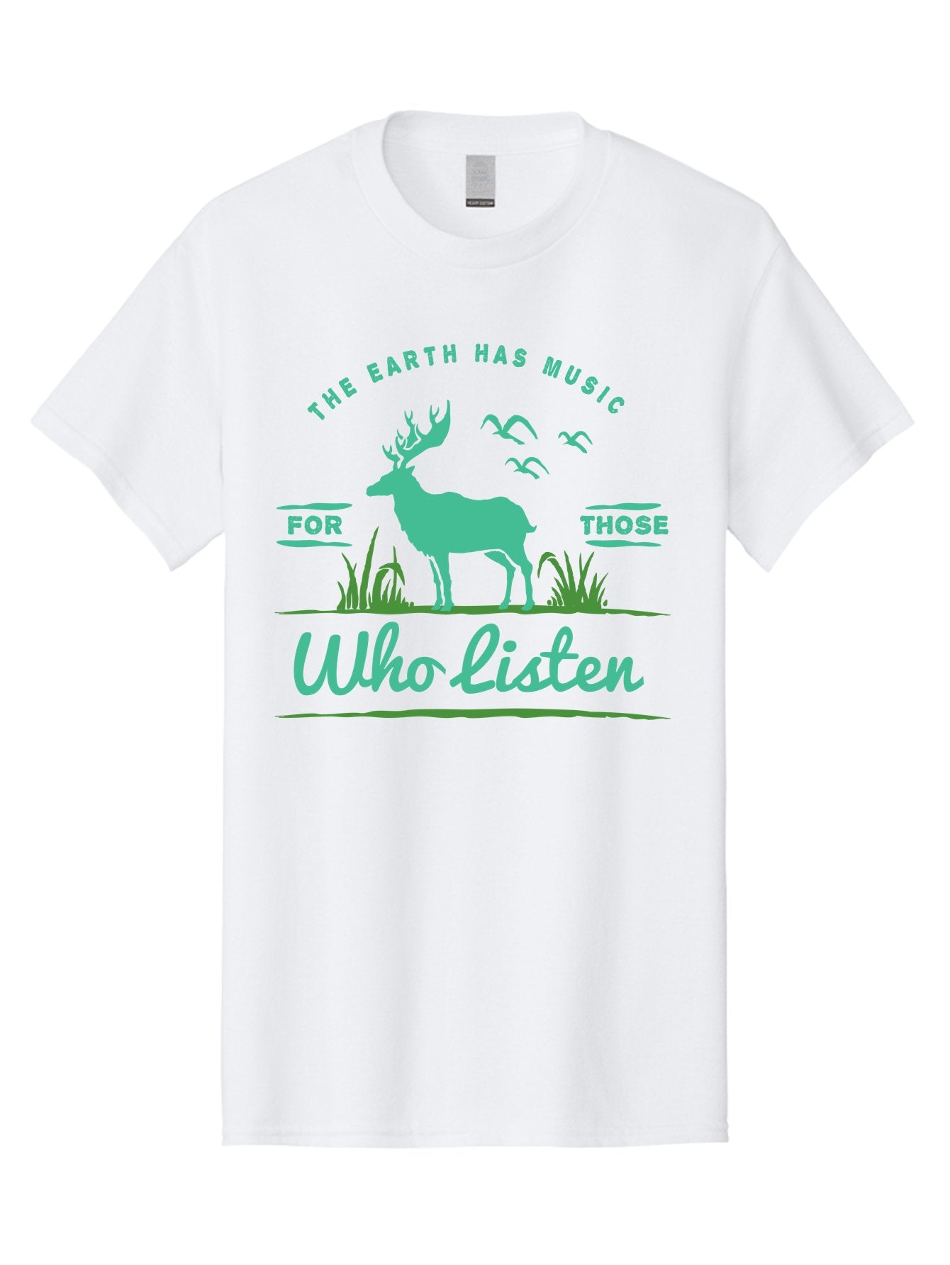 The Earth Has Music Men'S Graphic Tee, 100% Cotton, Comfortable Casual Summer Wear, Machine Washable, Wildlife Conservation, Environmentalism, Deer Silhouette, Birds In Flight, Inspirational Quote, Eco-Friendly Message, Nature Lovers, Aae702 4