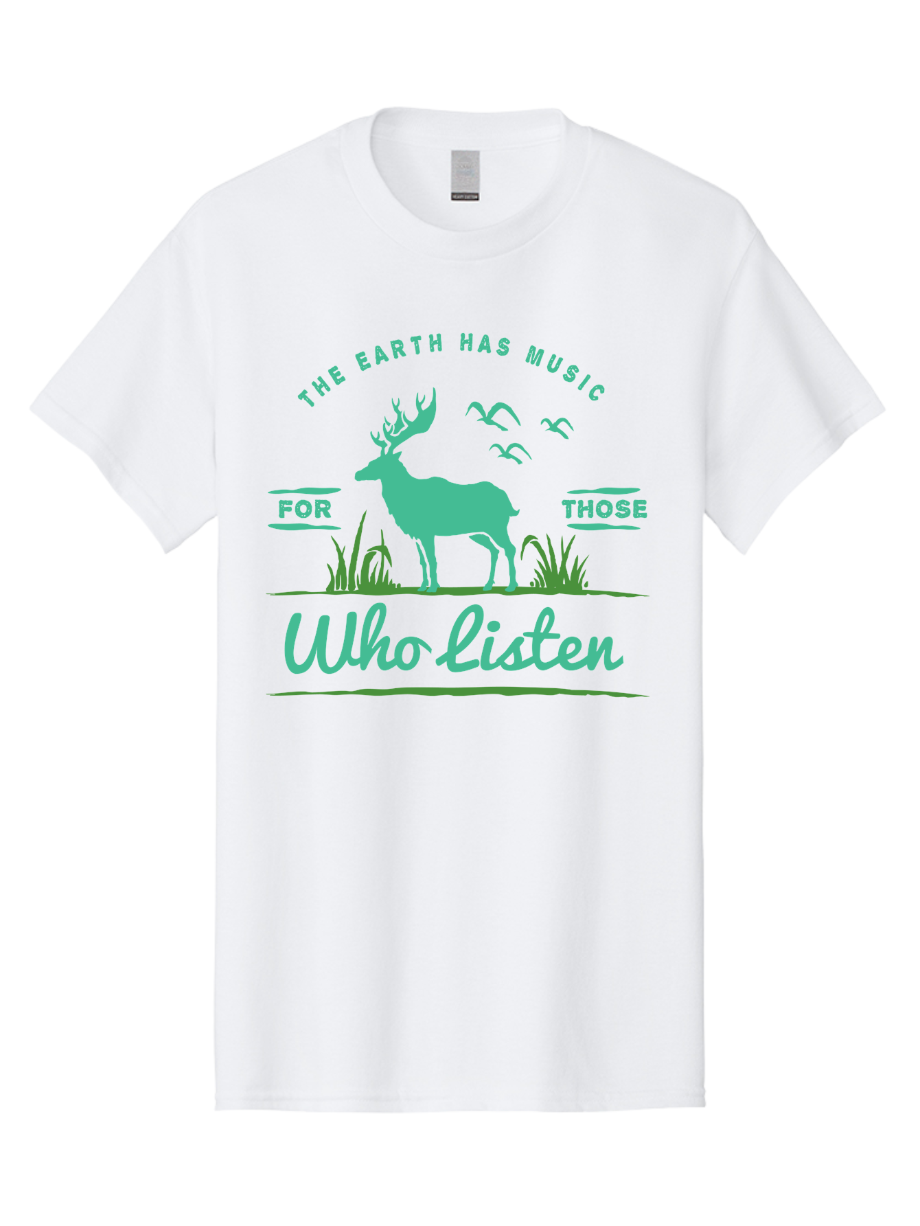 The Earth Has Music Men'S Graphic Tee, 100% Cotton, Comfortable Casual Summer Wear, Machine Washable, Wildlife Conservation, Environmentalism, Deer Silhouette, Birds In Flight, Inspirational Quote, Eco-Friendly Message, Nature Lovers, Aae702 17
