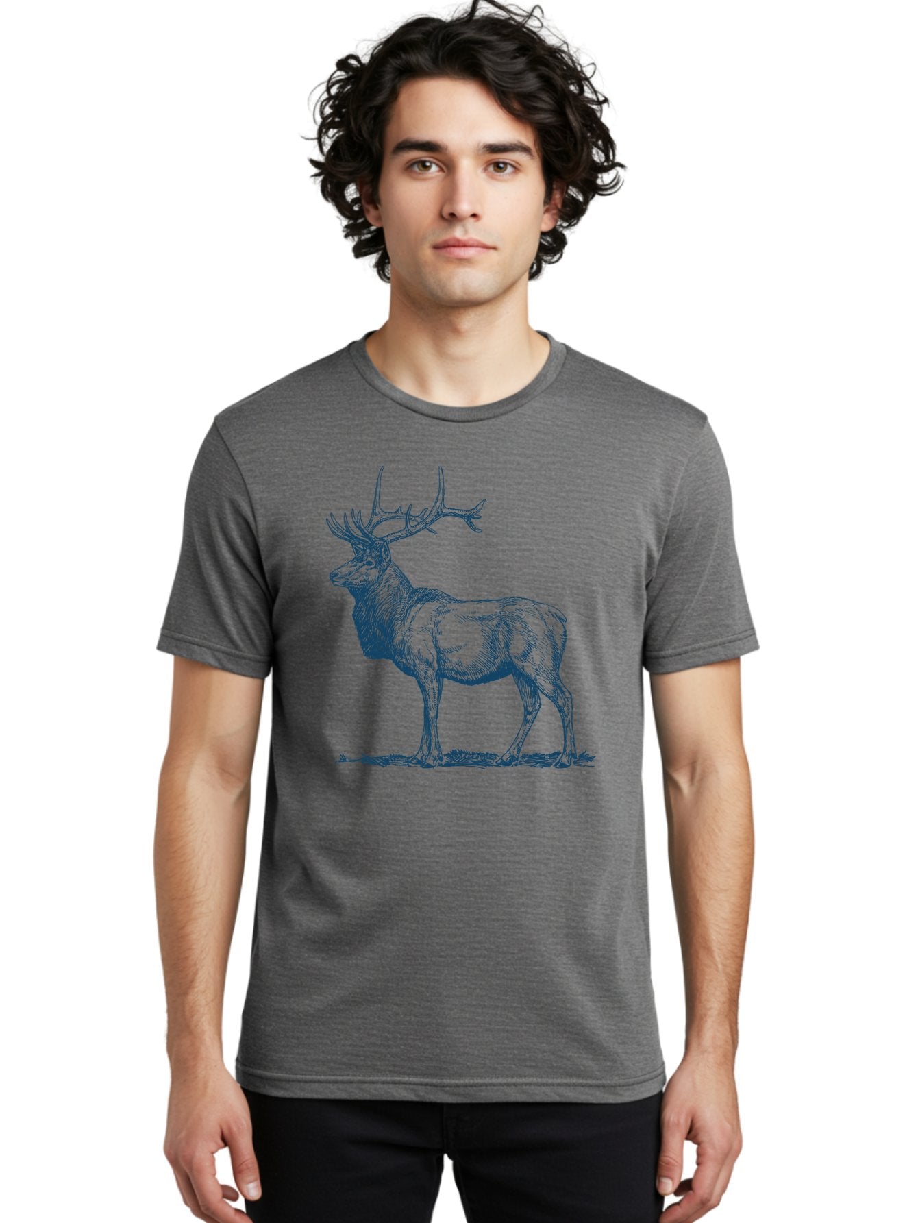 The Elder Stag Men'S Graphic Tee, 100% Cotton, Comfortable Casual Summer Wear, Machine Washable, Majestic Elk, Wildlife Illustration, Detailed Drawing, Natural Habitat, Grassy Terrain, Impressive Antlers, Wild Animal Art, Serene Pose, Aae703 27