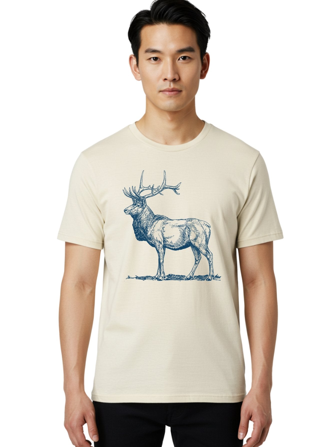 The Elder Stag Men'S Graphic Tee, 100% Cotton, Comfortable Casual Summer Wear, Machine Washable, Majestic Elk, Wildlife Illustration, Detailed Drawing, Natural Habitat, Grassy Terrain, Impressive Antlers, Wild Animal Art, Serene Pose, Aae703 16