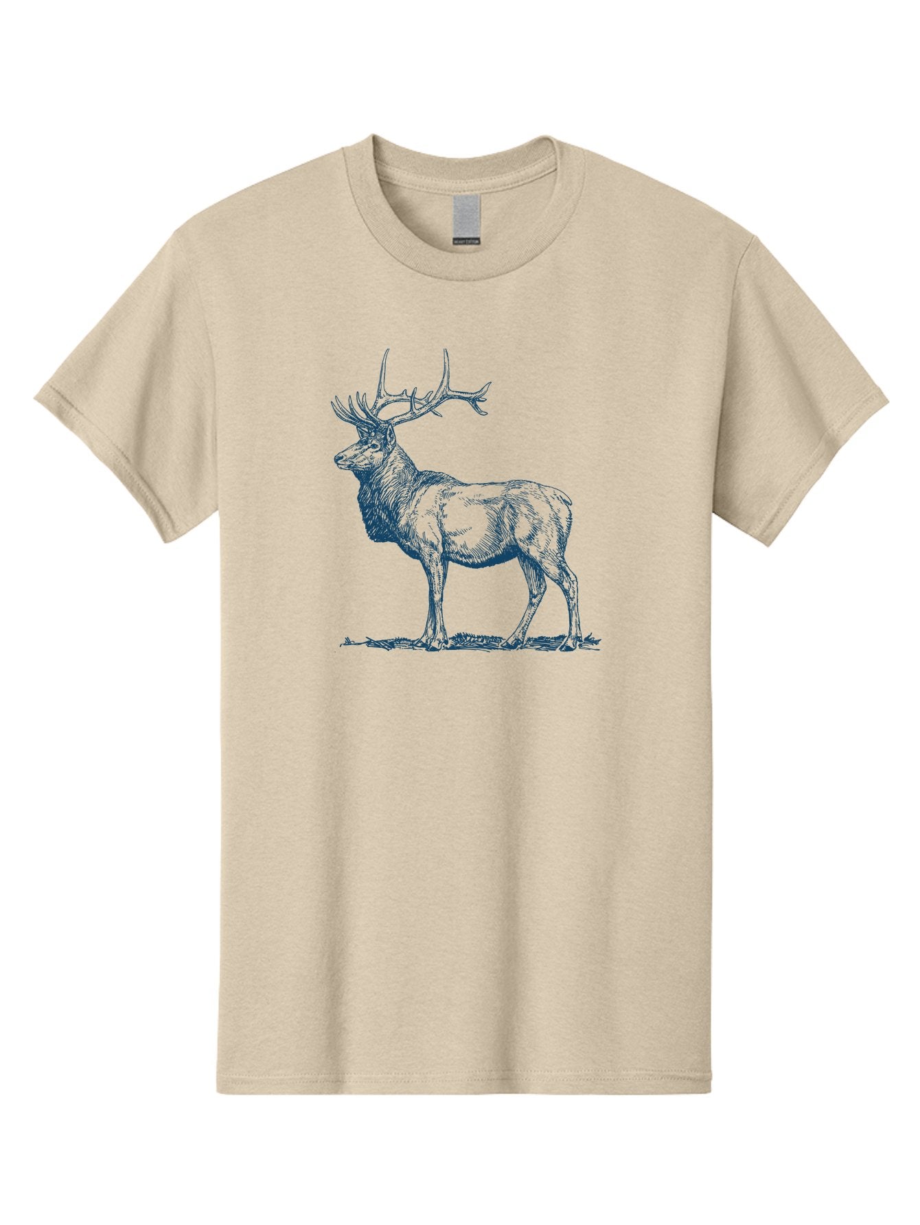 The Elder Stag Men'S Graphic Tee, 100% Cotton, Comfortable Casual Summer Wear, Machine Washable, Majestic Elk, Wildlife Illustration, Detailed Drawing, Natural Habitat, Grassy Terrain, Impressive Antlers, Wild Animal Art, Serene Pose, Aae703