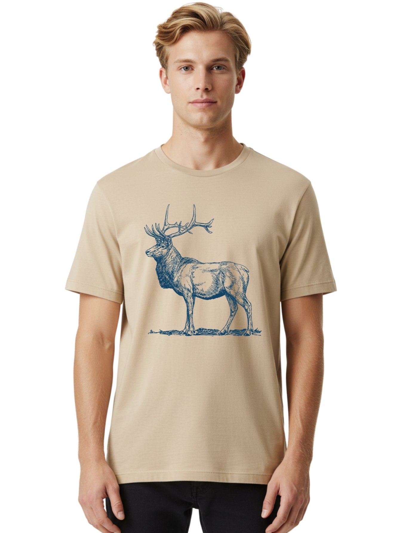 The Elder Stag Men'S Graphic Tee, 100% Cotton, Comfortable Casual Summer Wear, Machine Washable, Majestic Elk, Wildlife Illustration, Detailed Drawing, Natural Habitat, Grassy Terrain, Impressive Antlers, Wild Animal Art, Serene Pose, Aae703 21