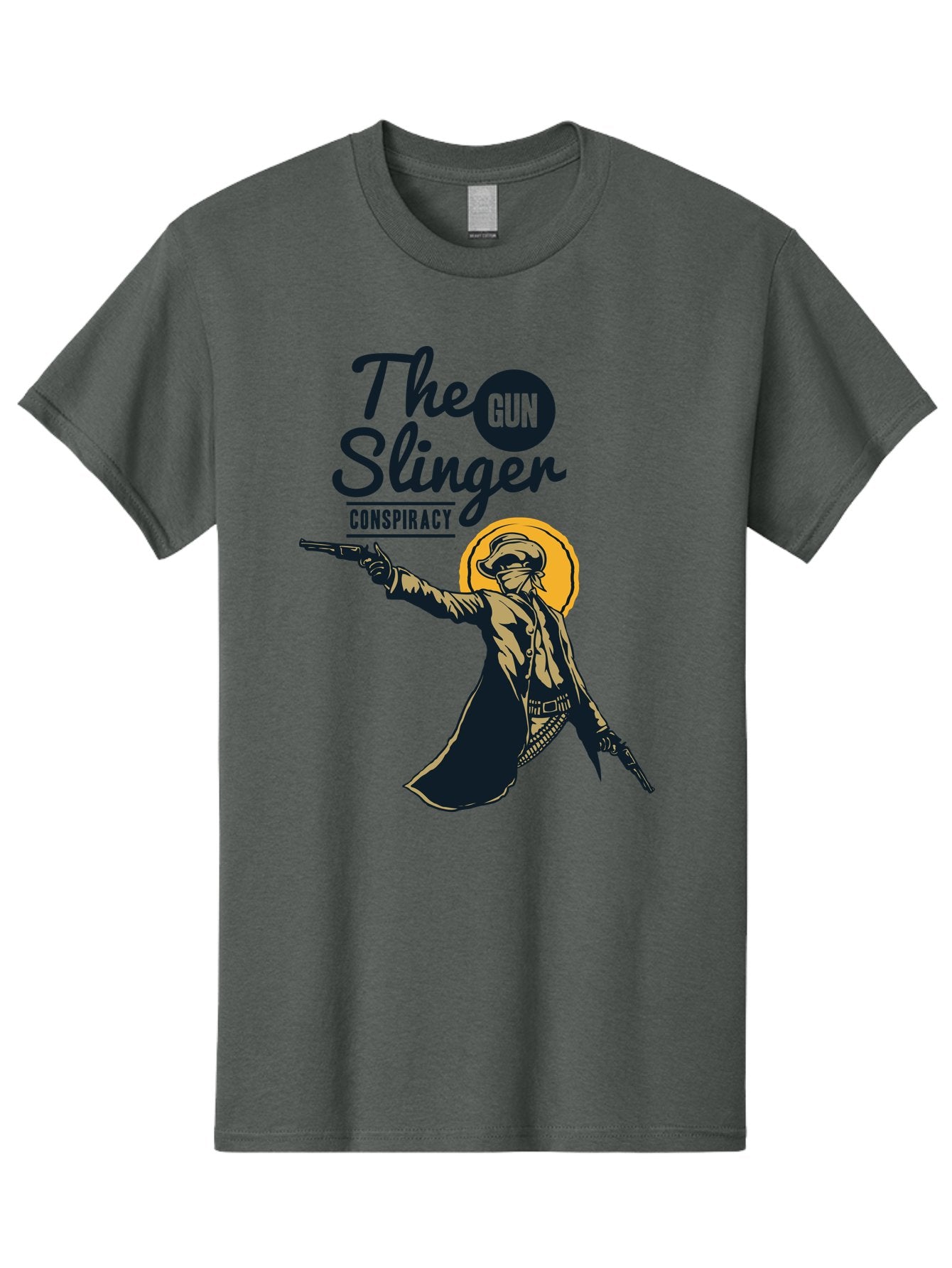 The Gun Slinger Men'S Graphic Tee, 100% Cotton, Comfortable Casual Summer Wear, Machine Washable, Cowboy Illustration, Gunslinger Pose, Western Style, Conspiracy Theory, Mysterious Figure, Sunglasses, Hat, Coat, Guns, Western Theme, Aae708 13