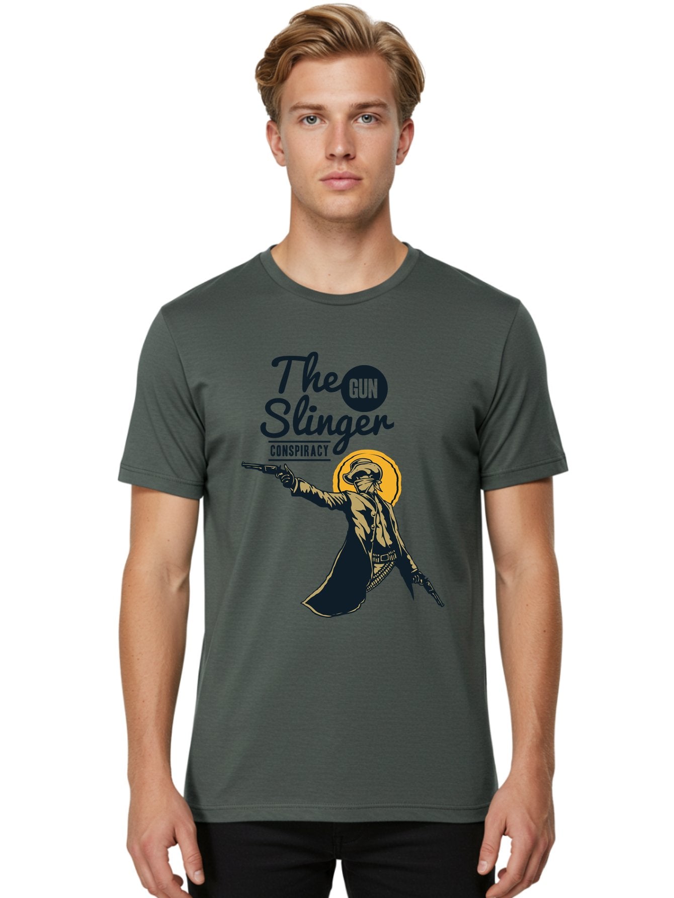 The Gun Slinger Men'S Graphic Tee, 100% Cotton, Comfortable Casual Summer Wear, Machine Washable, Cowboy Illustration, Gunslinger Pose, Western Style, Conspiracy Theory, Mysterious Figure, Sunglasses, Hat, Coat, Guns, Western Theme, Aae708 20