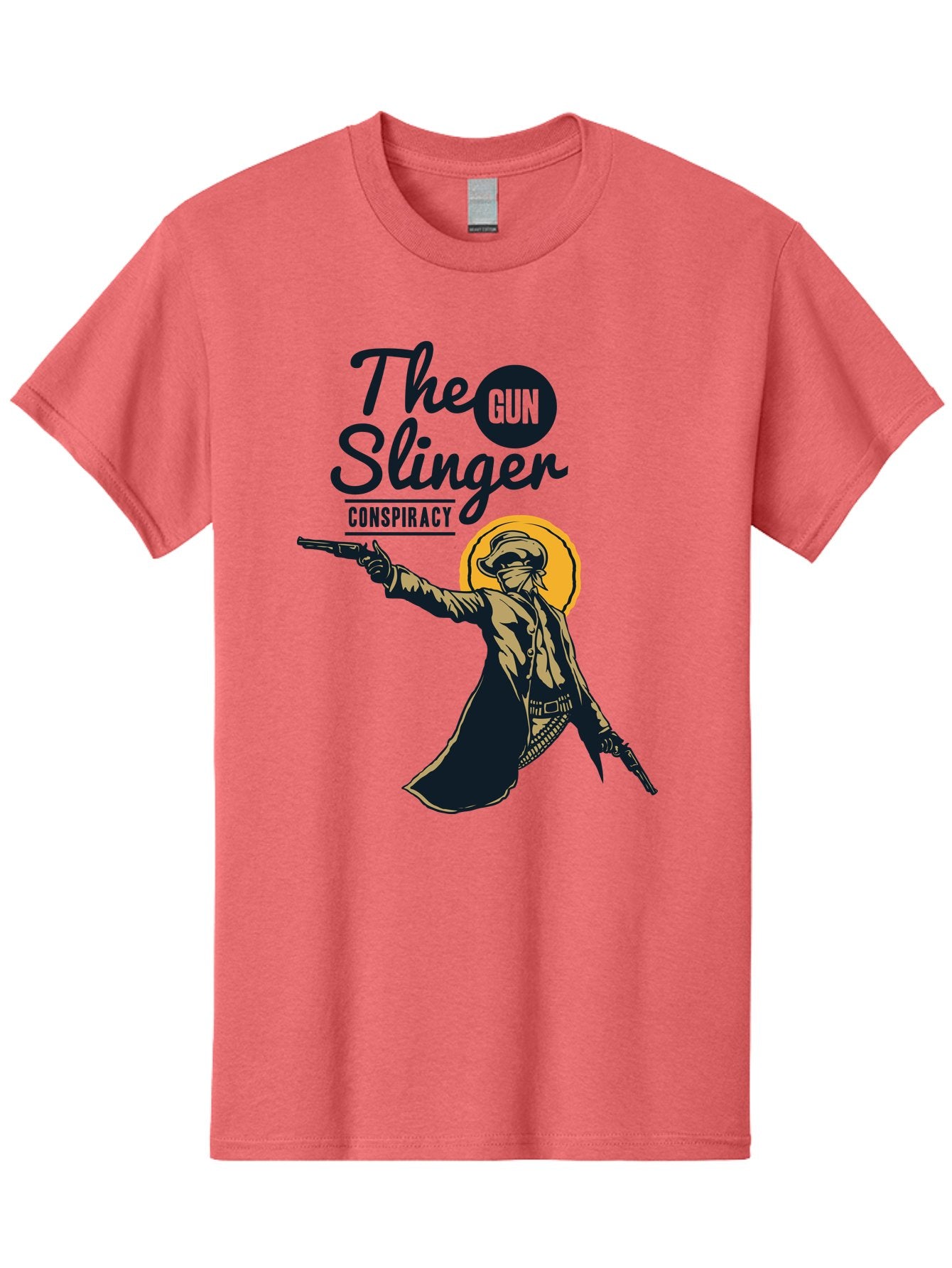 The Gun Slinger Men'S Graphic Tee, 100% Cotton, Comfortable Casual Summer Wear, Machine Washable, Cowboy Illustration, Gunslinger Pose, Western Style, Conspiracy Theory, Mysterious Figure, Sunglasses, Hat, Coat, Guns, Western Theme, Aae708